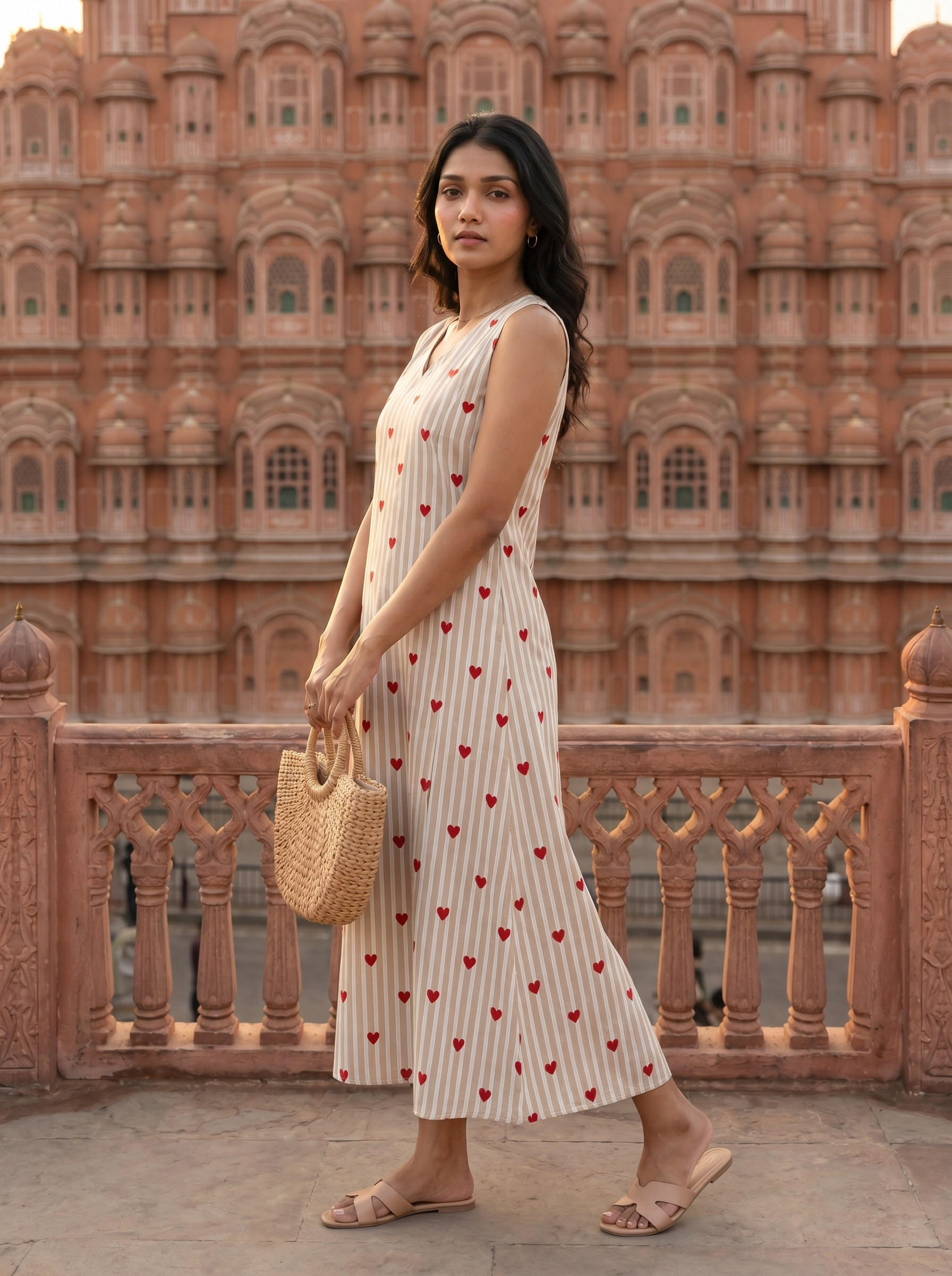 Dress 32 - sweet heart printed organic cotton dress in beige and white