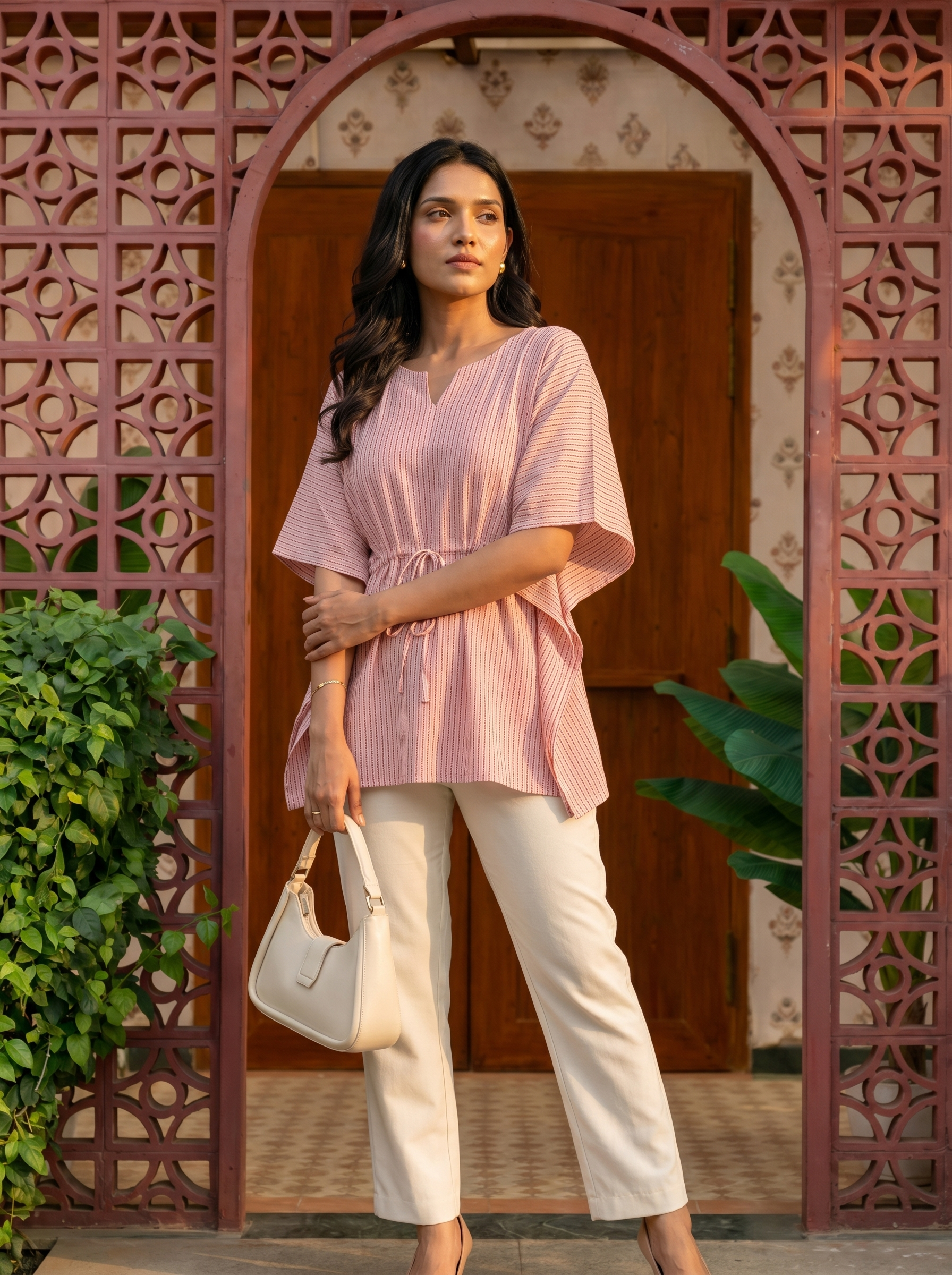 Kaftan Top #81- Striped pattern Organic cotton kaftan top in Pink