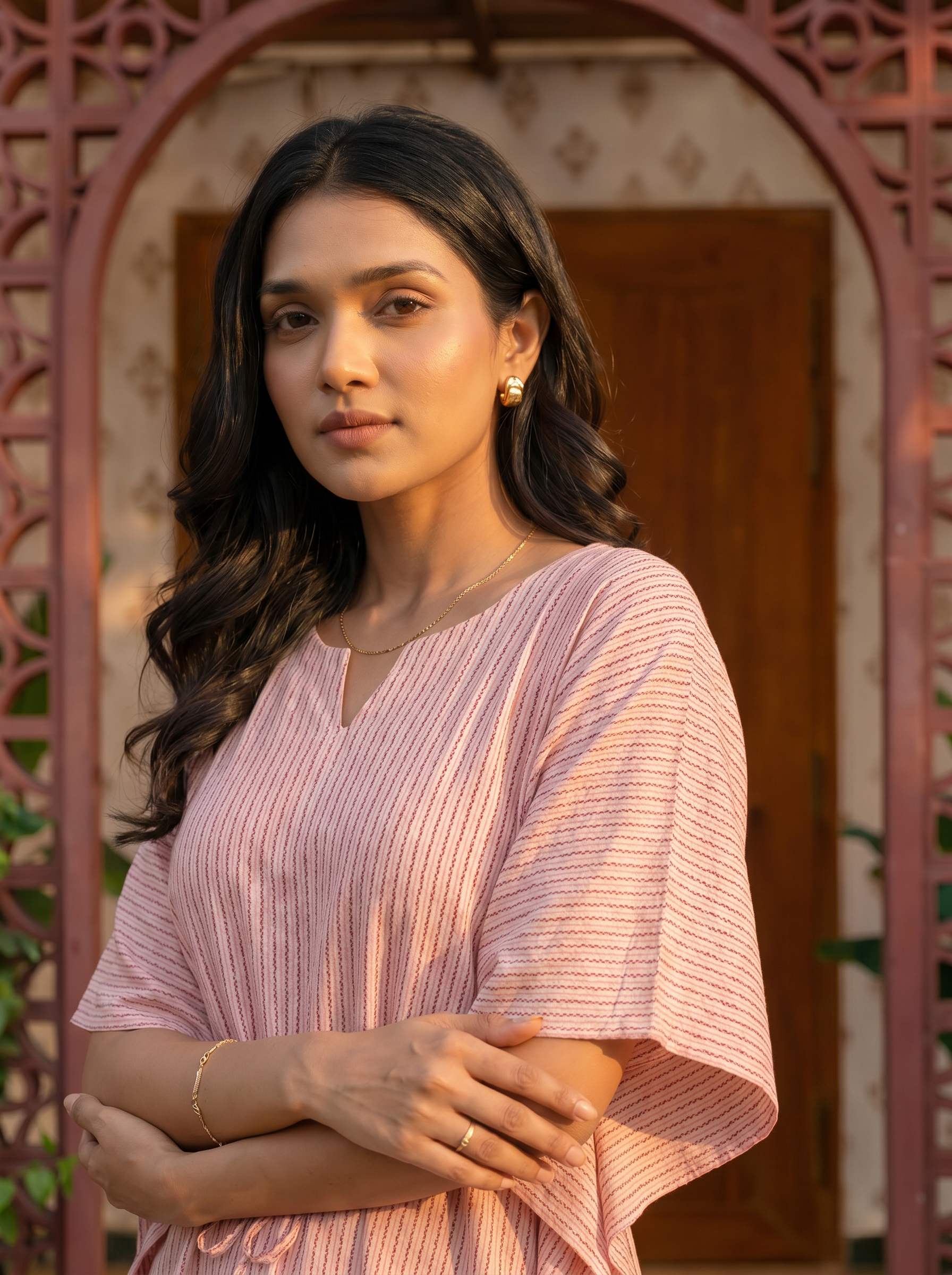 Kaftan Top #81- Striped pattern Organic cotton kaftan top in Pink
