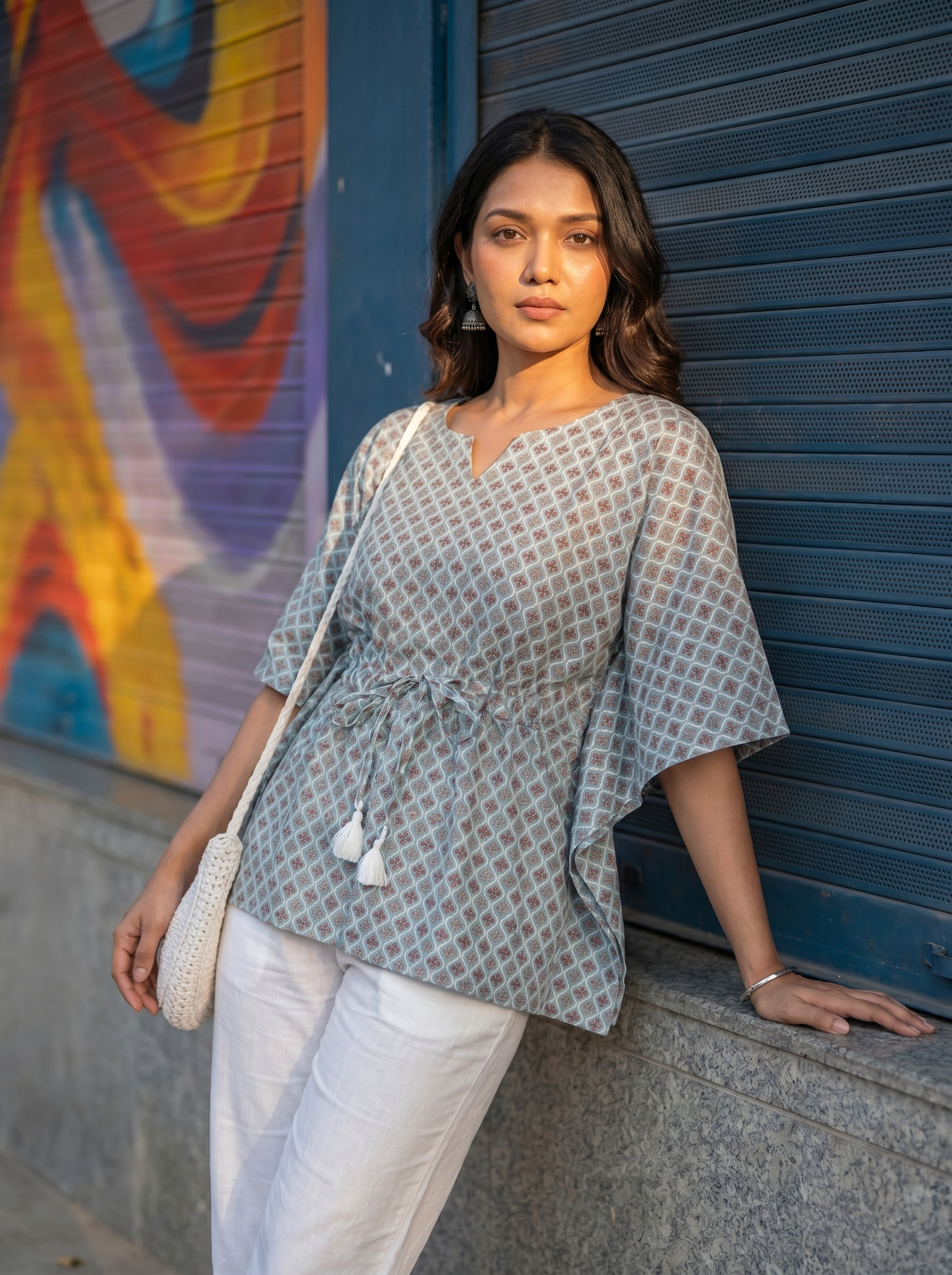 Kaftan Top #82- Diamond pattern Organic cotton kaftan top in Turquoise