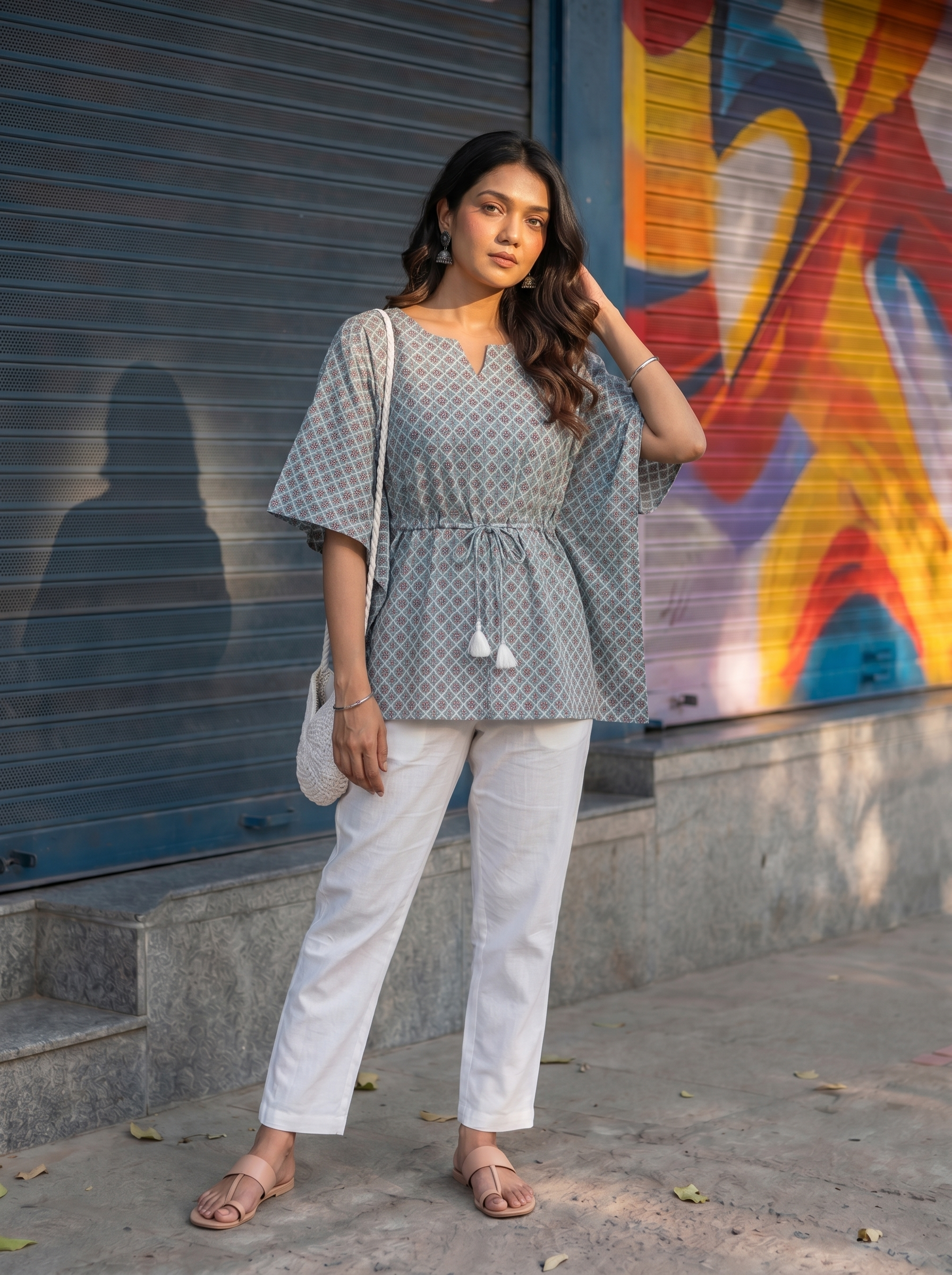 Kaftan Top #82- Diamond pattern Organic cotton kaftan top in Turquoise