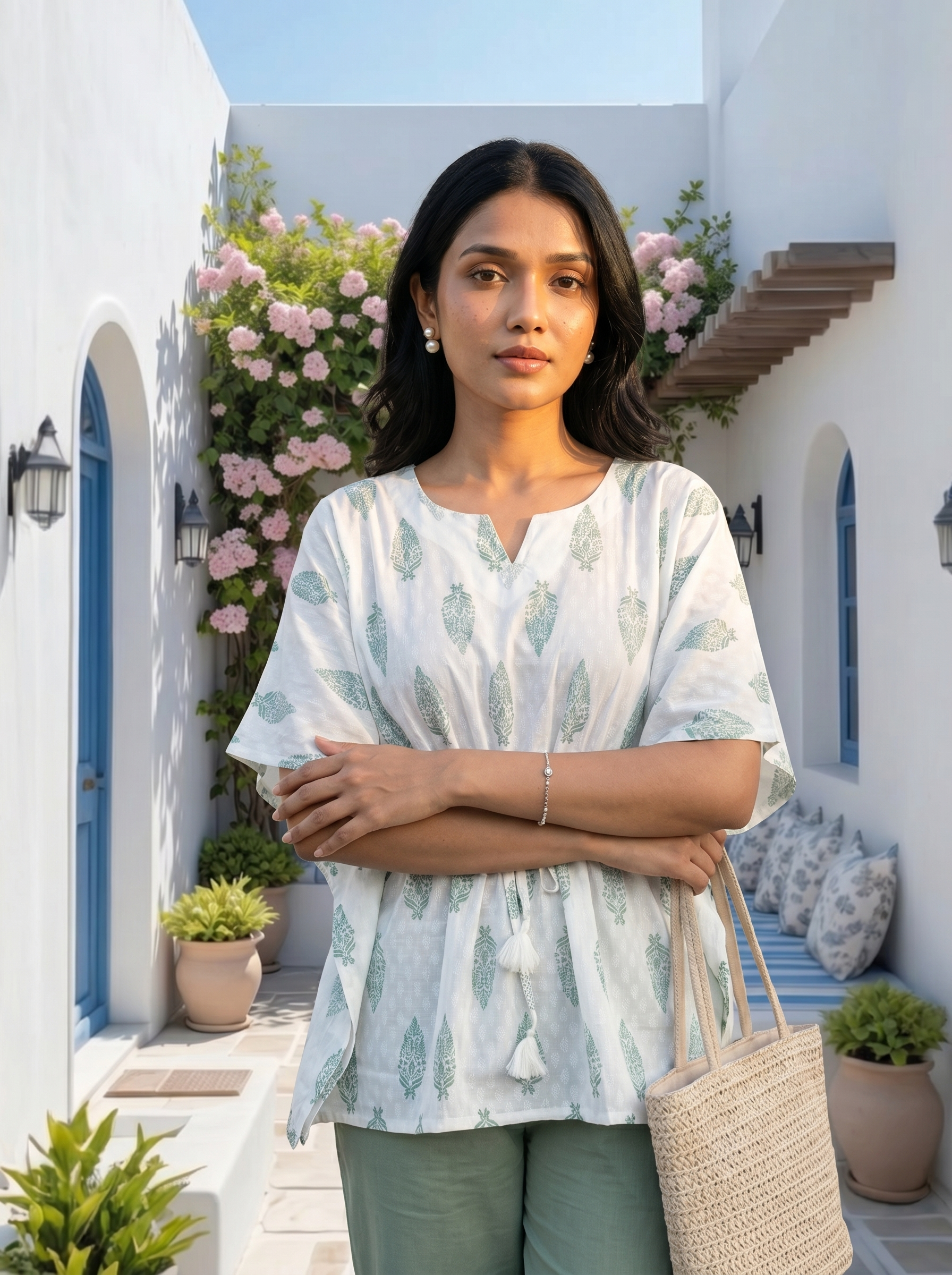 Kaftan Top #83- Leaf printed Organic cotton kaftan top in White