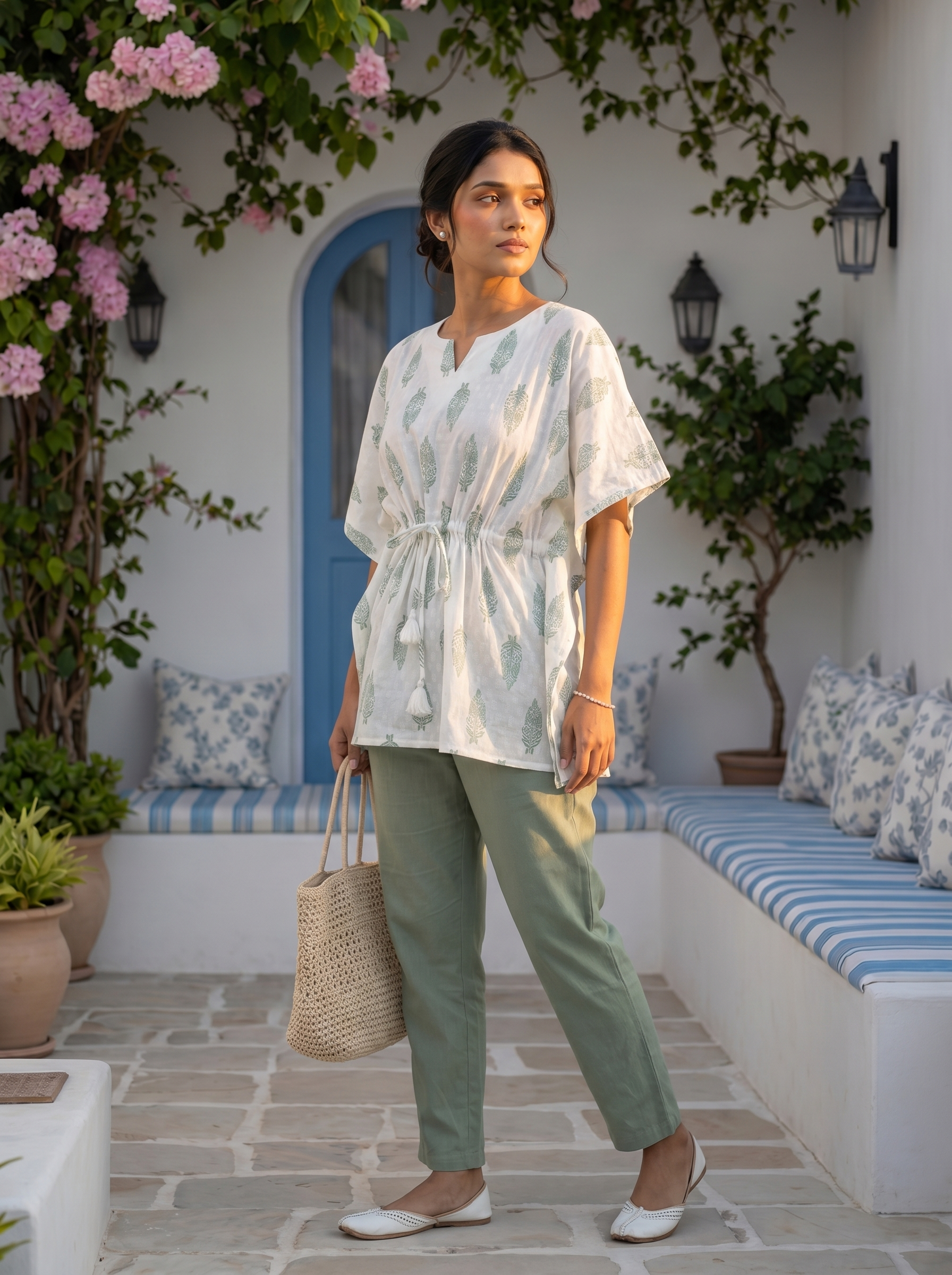 Kaftan Top #83- Leaf printed Organic cotton kaftan top in White