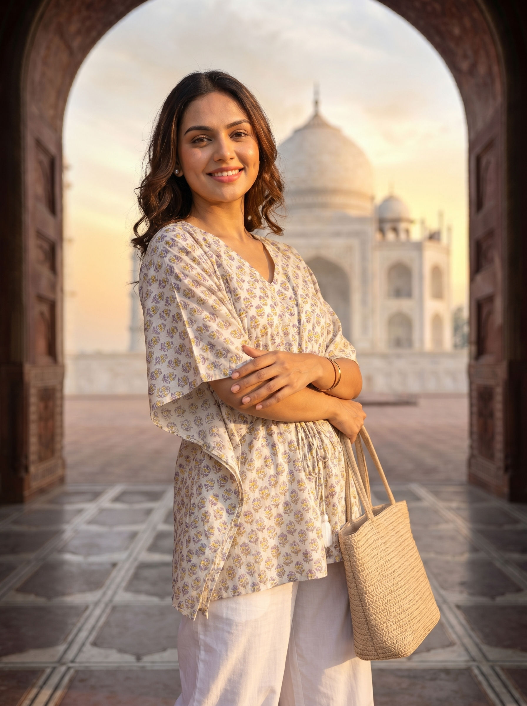 Kaftan Top #85- Floral Motiff Organic cotton kaftan top in Cream White