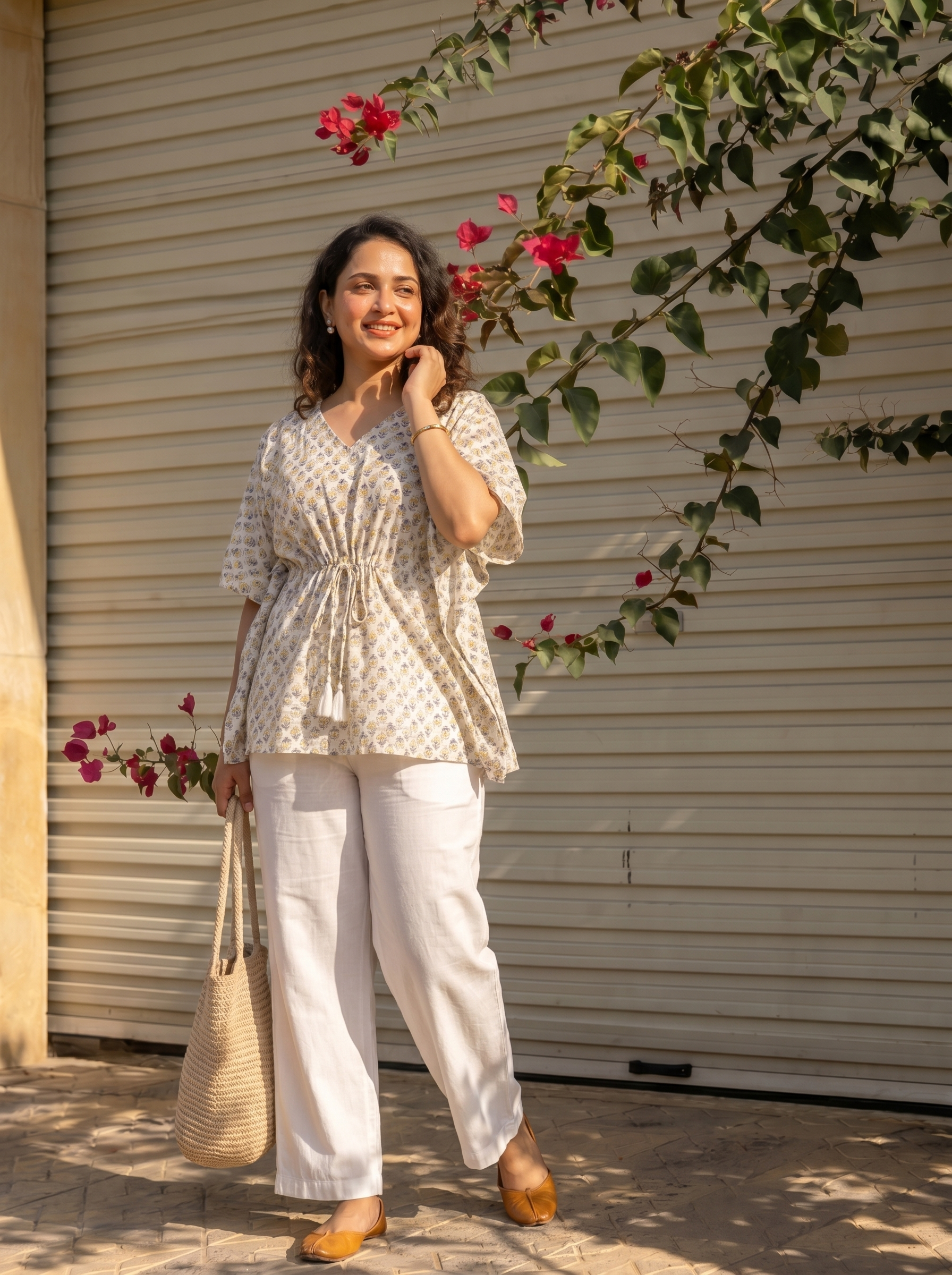 Kaftan Top #85- Floral Motiff Organic cotton kaftan top in Cream White