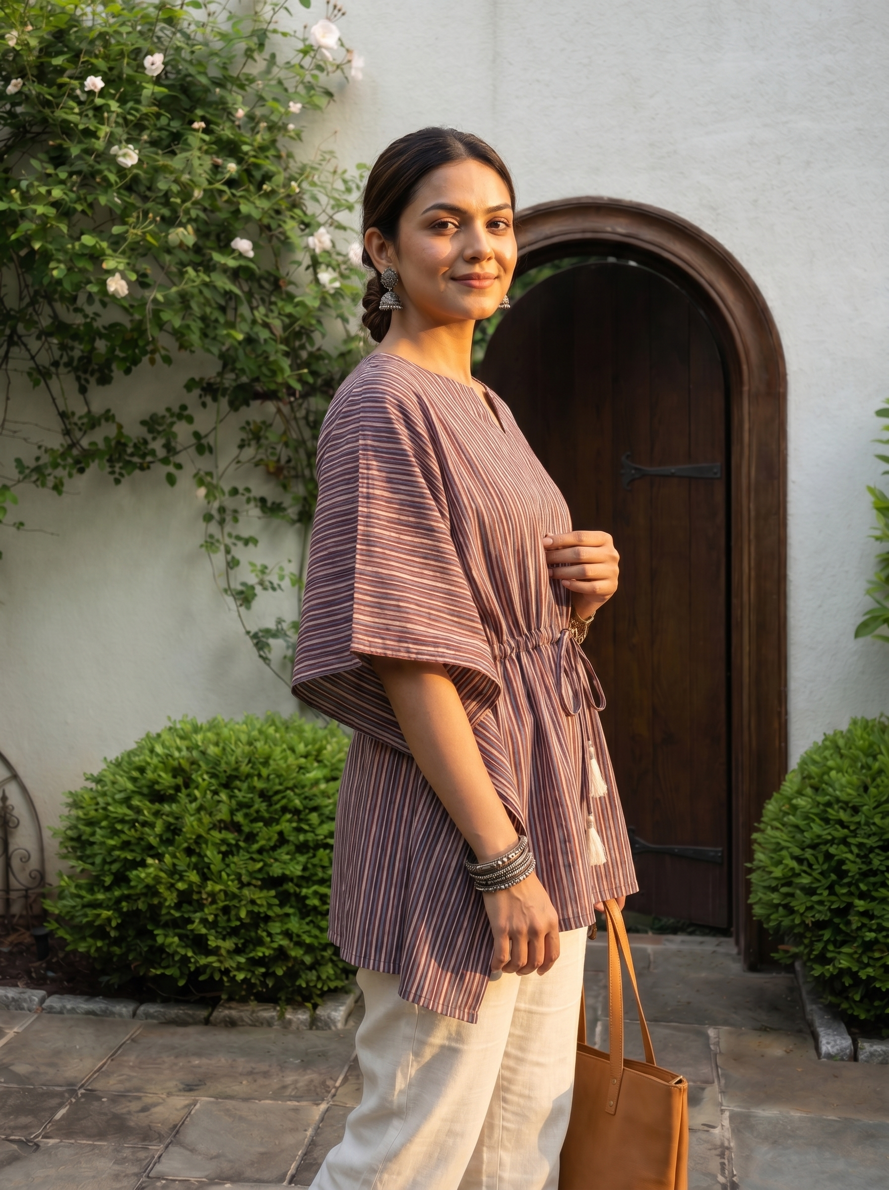 Kaftan Top #86 - Striped Pattern Organic cotton kaftan top in Mauve Brown