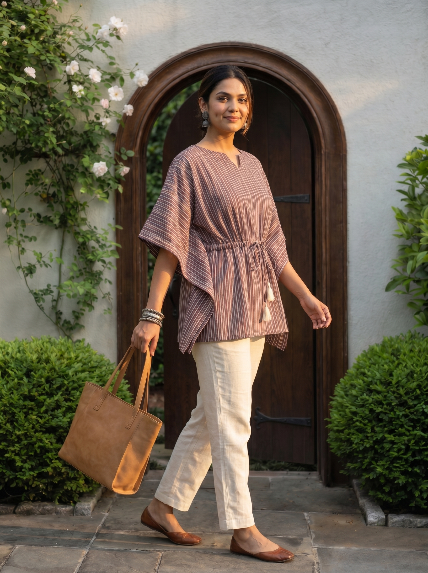 Kaftan Top #86 - Striped Pattern Organic cotton kaftan top in Mauve Brown