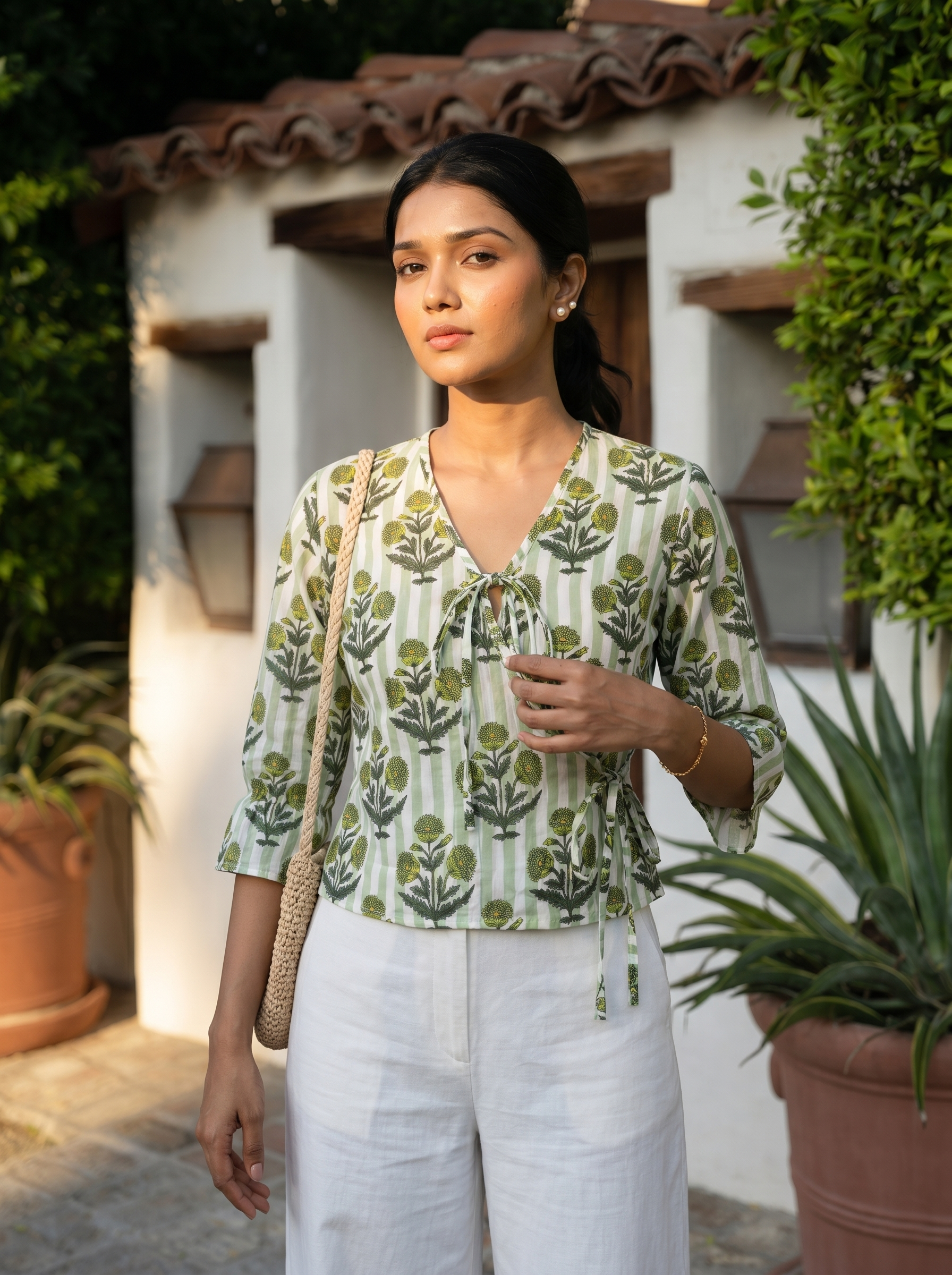 Crop top #119- Floral motiff organic cotton top in Off white