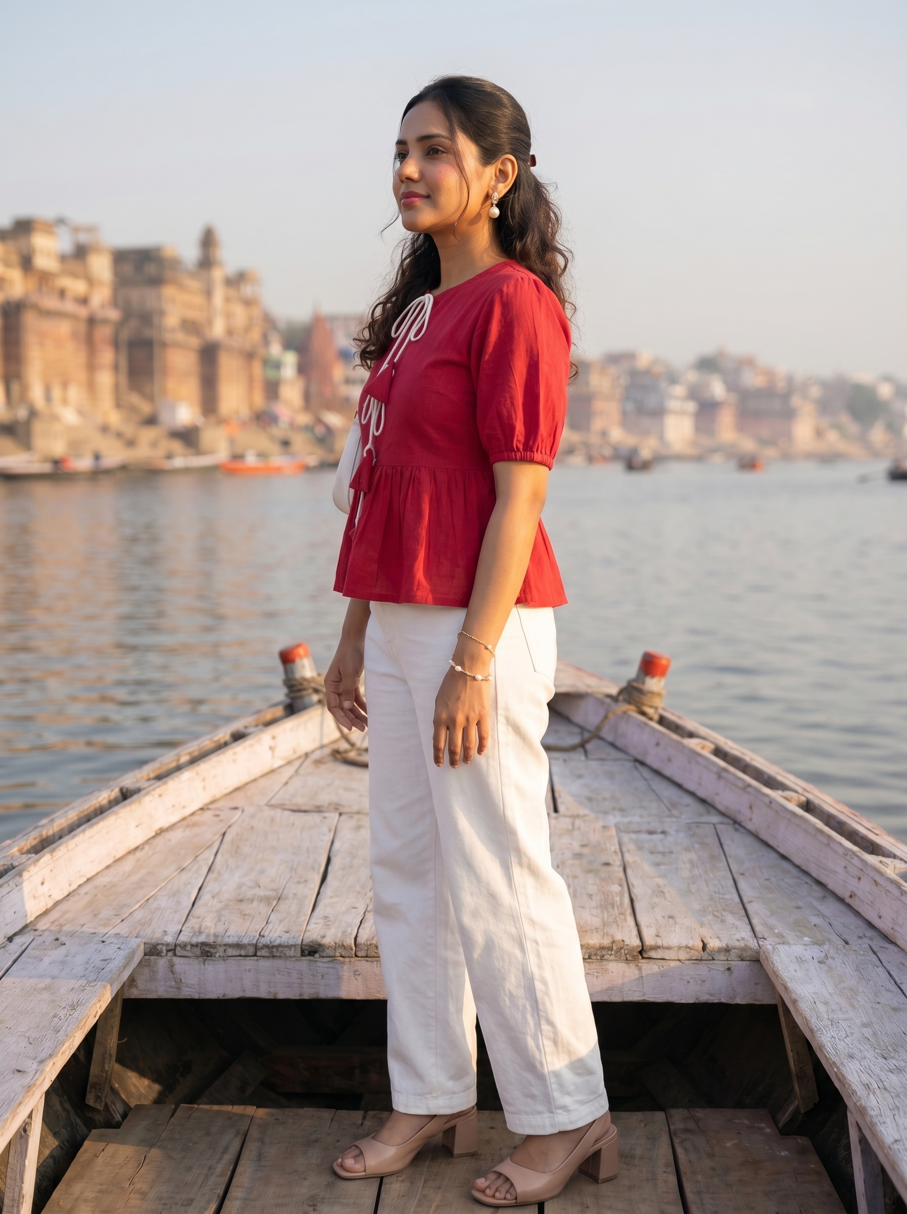Crop top #117- Handloom organic cotton top with puff sleeves in Bright Red