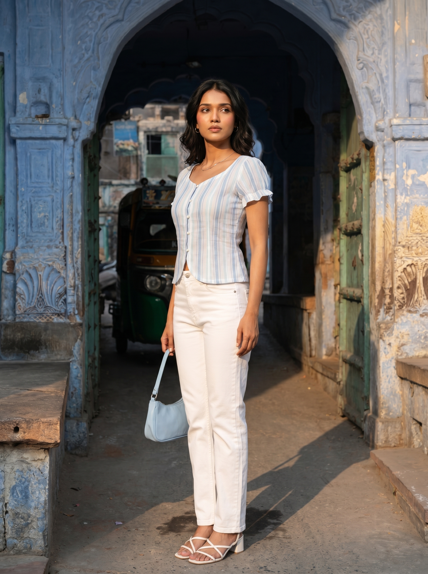 Crop top #115- Striped pattern organic cotton top in Sky blue