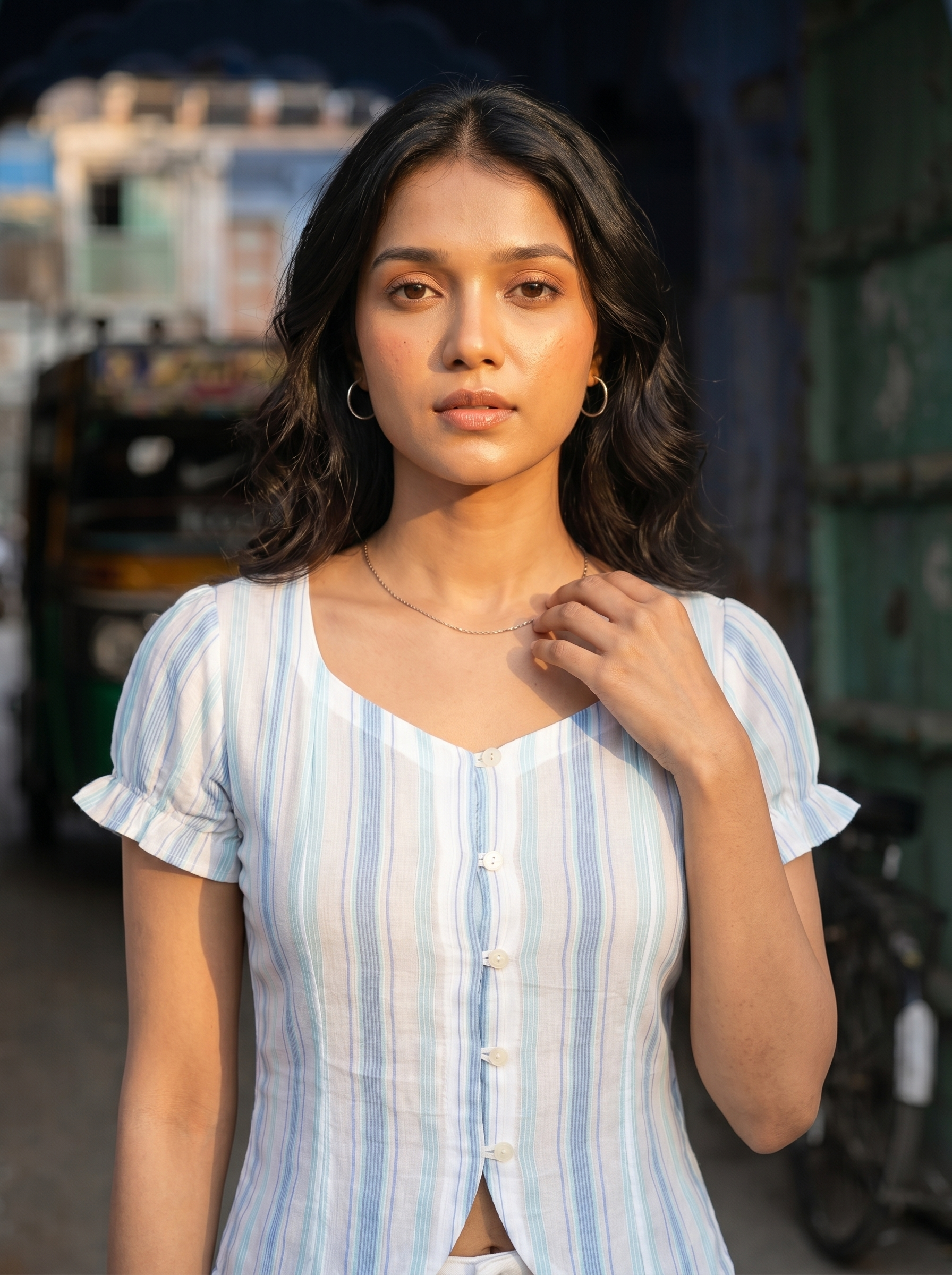 Crop top #115- Striped pattern organic cotton top in Sky blue