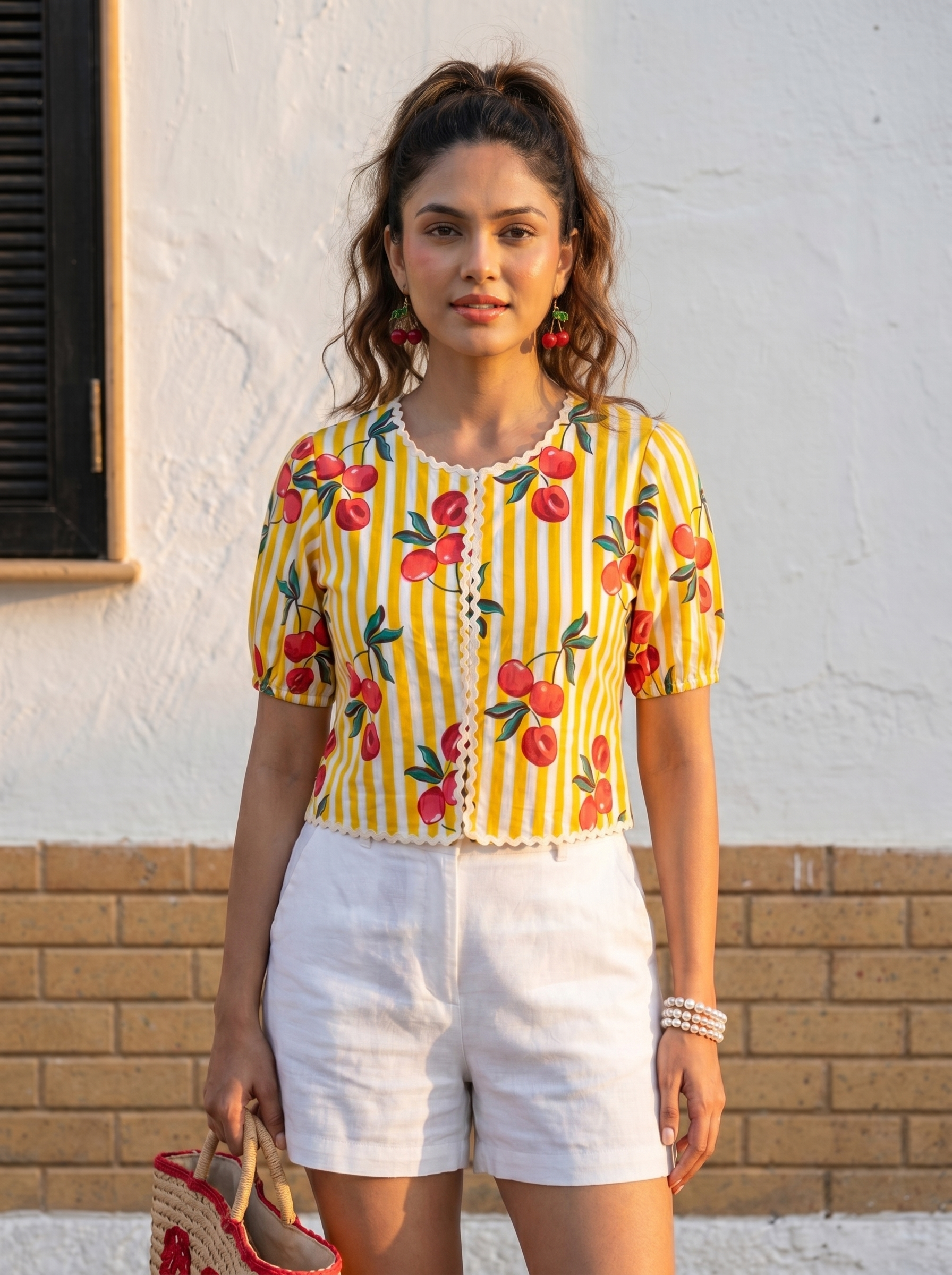 Crop top #108- Citrus zest printed organic cotton top in yellow and white