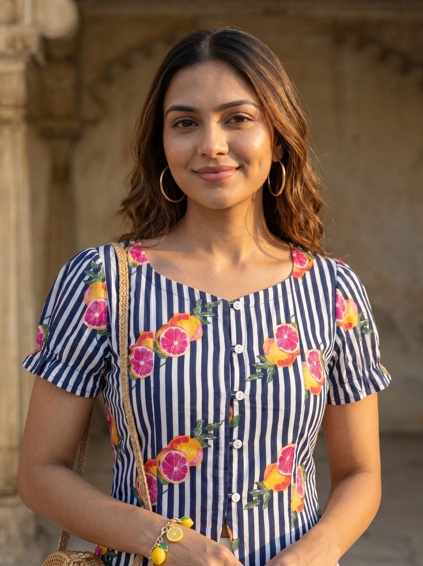 Crop top #106- Citrus printed striped handloom cotton top in Navy Blue and White