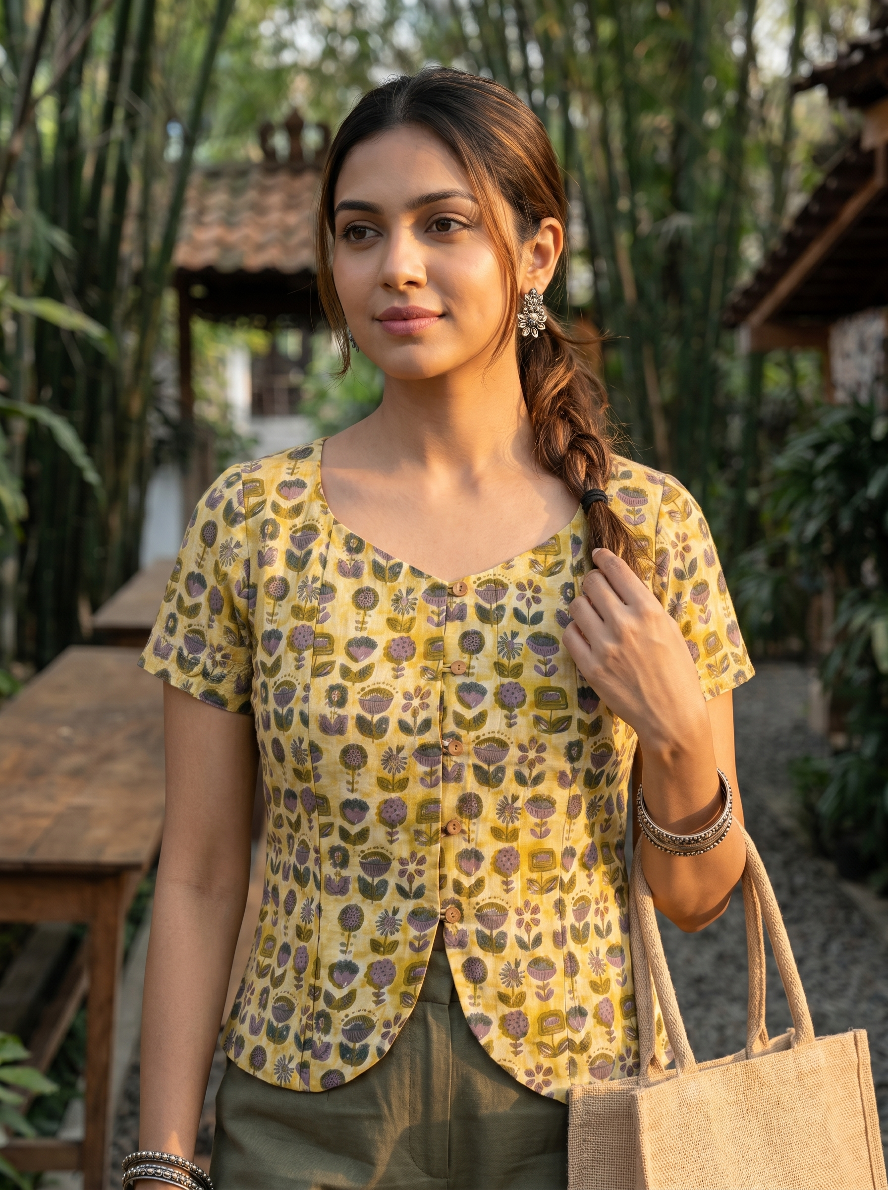 Crop top #104- Small motiff handloom cotton top in Mustard Yellow
