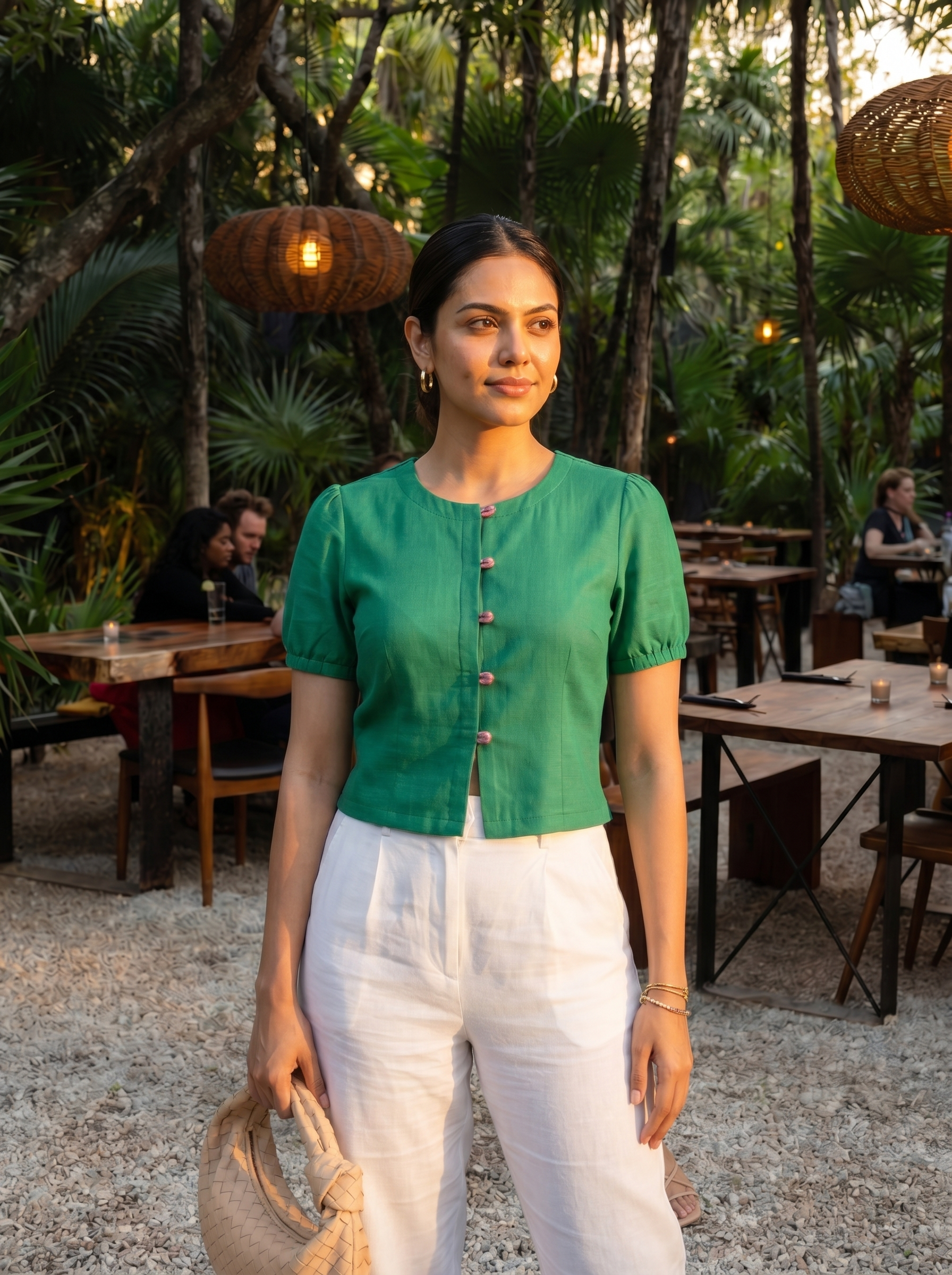 Crop top #103- handloom cotton top with puff sleeves in Emerald Green