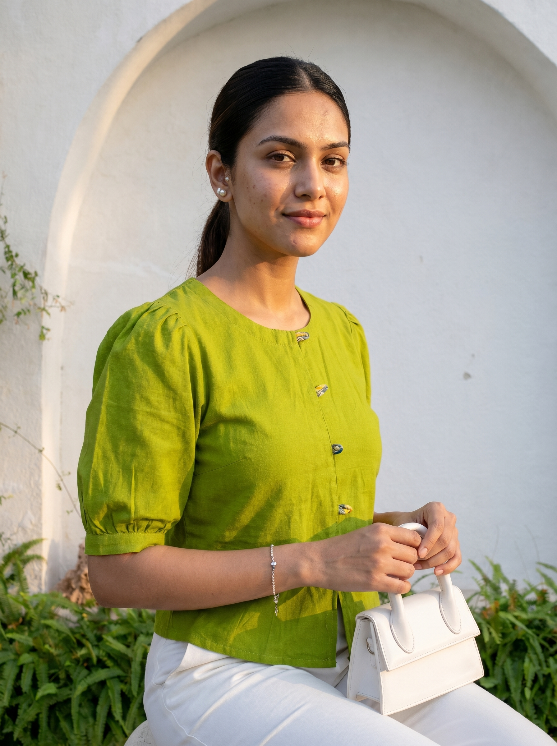 Crop top #109- Handloom organic cotton top with puff sleeves in Olive green
