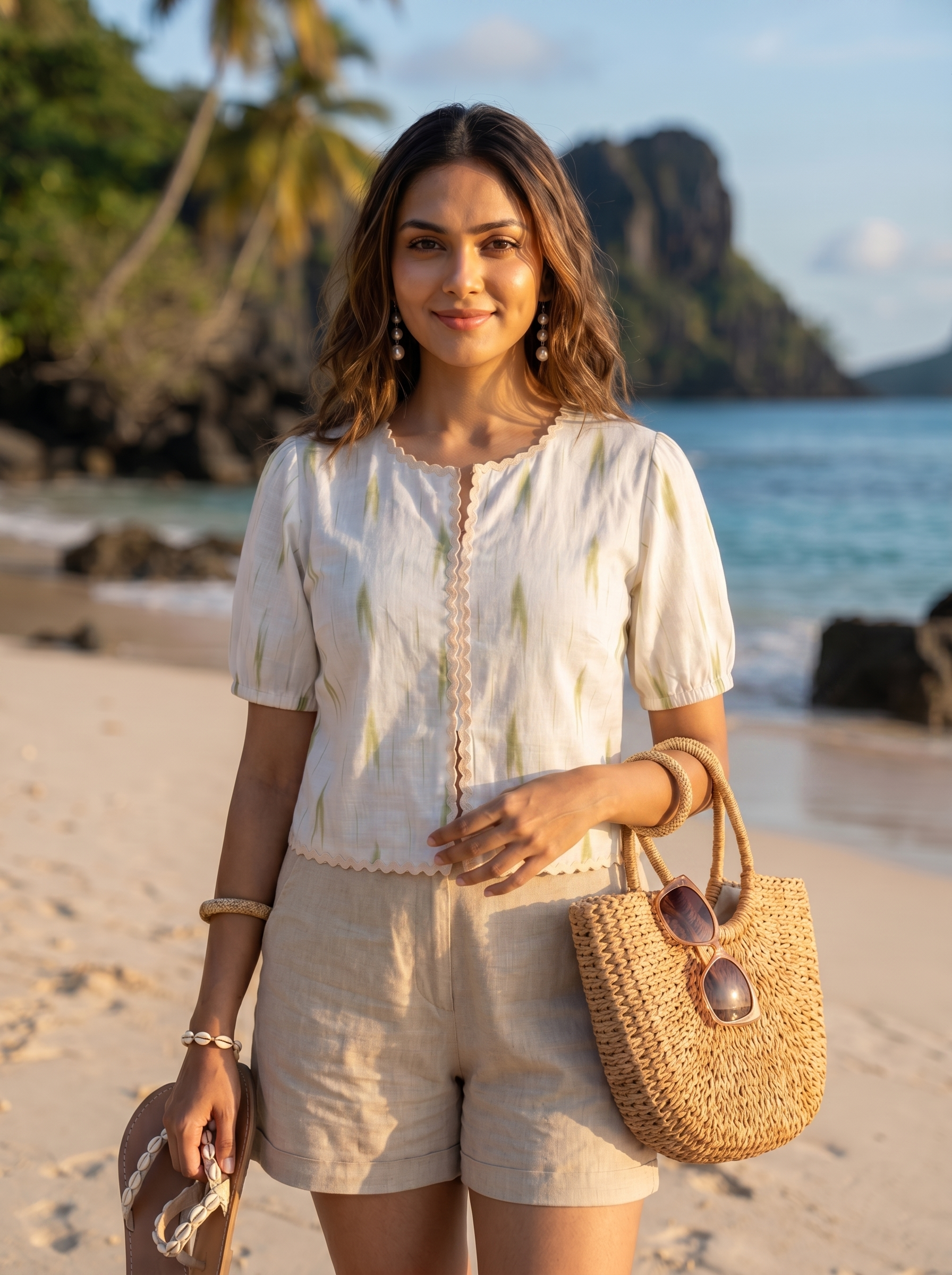 Crop top #120- Ikkat organic cotton top with scalloped lace in Off white