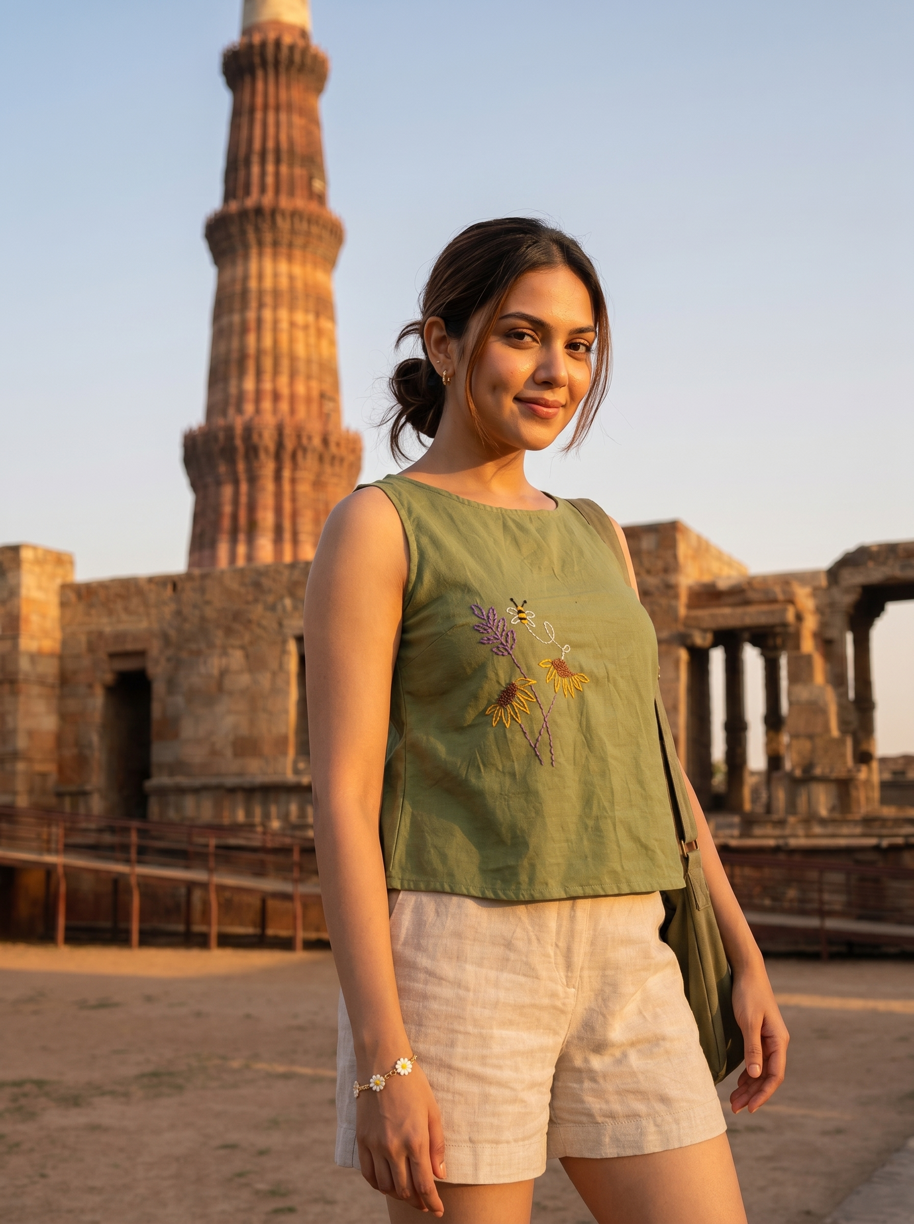 Crop top #122- Handloom organic cotton top with floral embroidery in Olive Green
