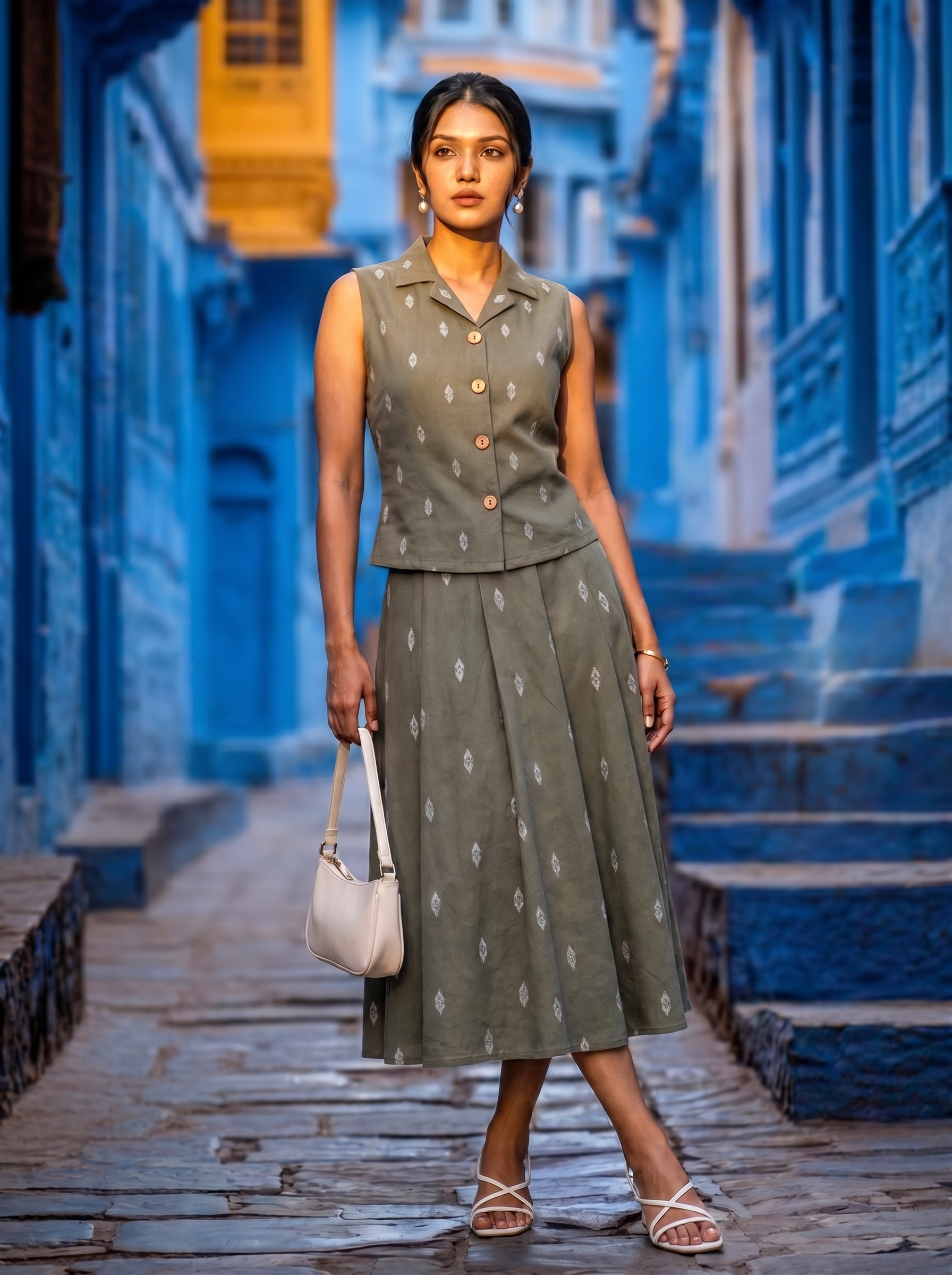 Natasha ( olive green ) - Leaf printed handloom cotton skirt set in olive green