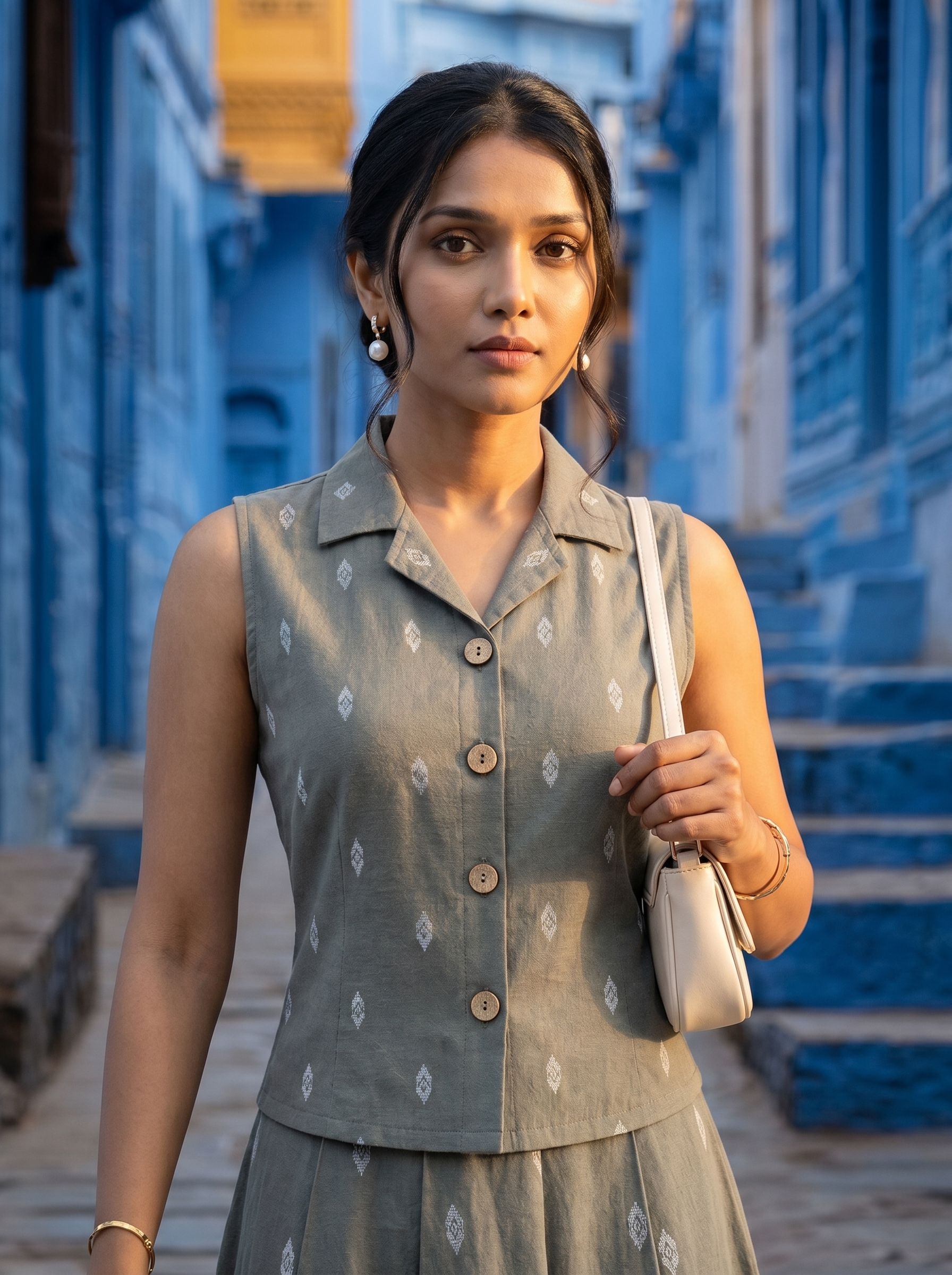 Natasha ( olive green ) - Leaf printed handloom cotton skirt set in olive green