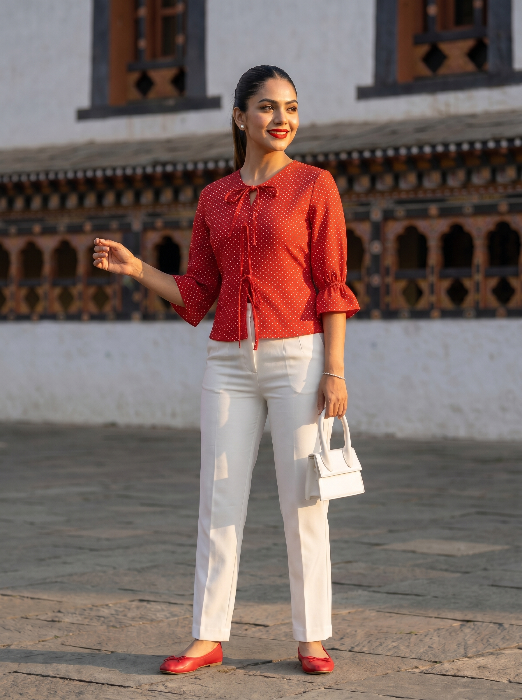 Crop top #116- Dotted pattern organic cotton top in Bright Red