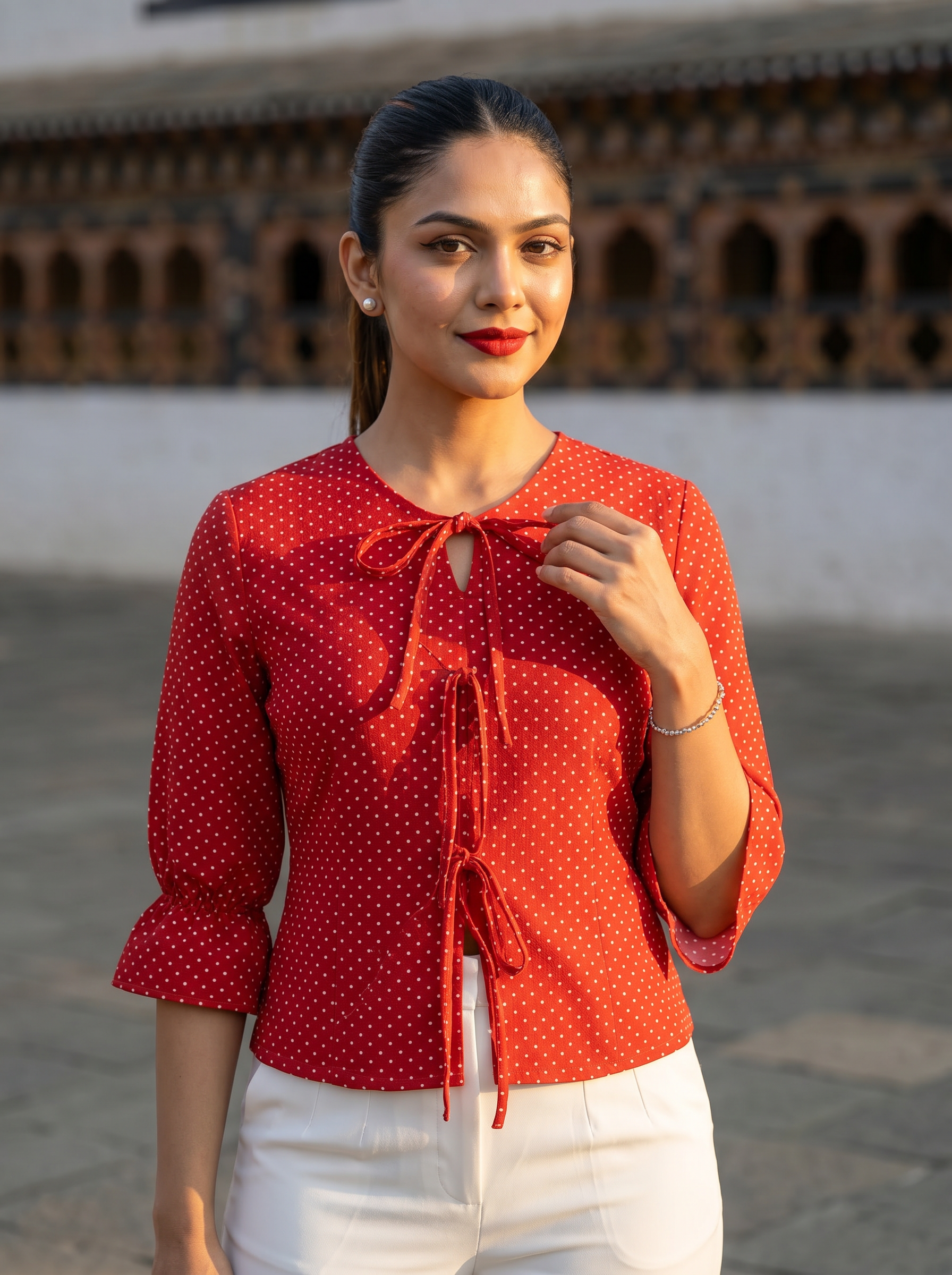 Crop top #116- Dotted pattern organic cotton top in Bright Red