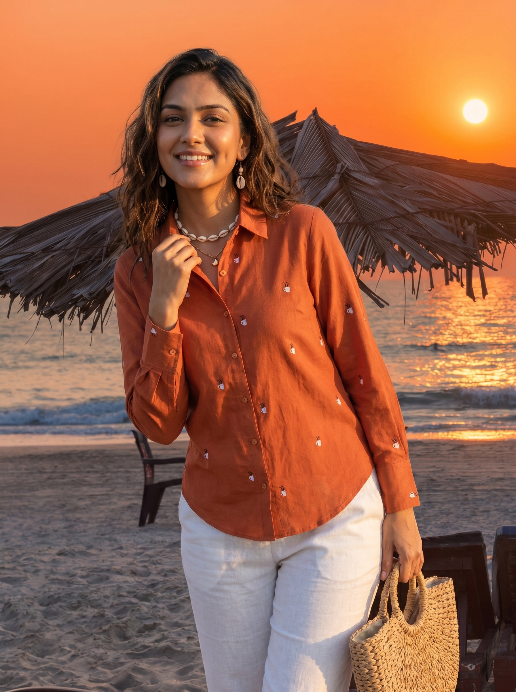 Embroidery shirt 9- coffee embroidered organic cotton shirt in orange