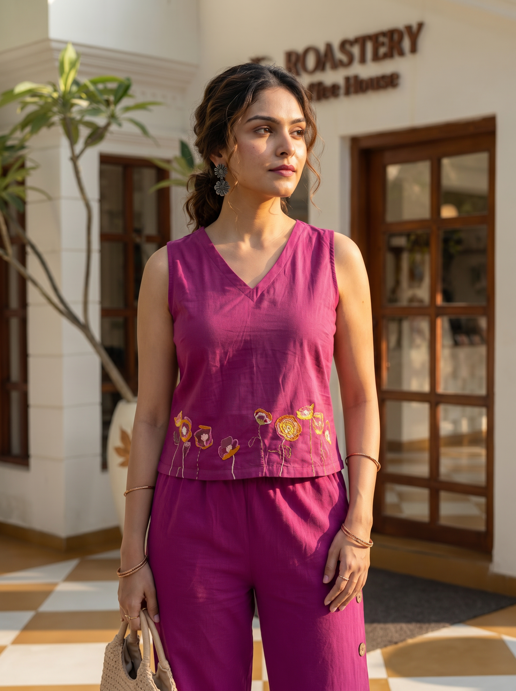 Orchid breeze linen cotton coord set - handloom coord set in magenta with orchids hand embroidery