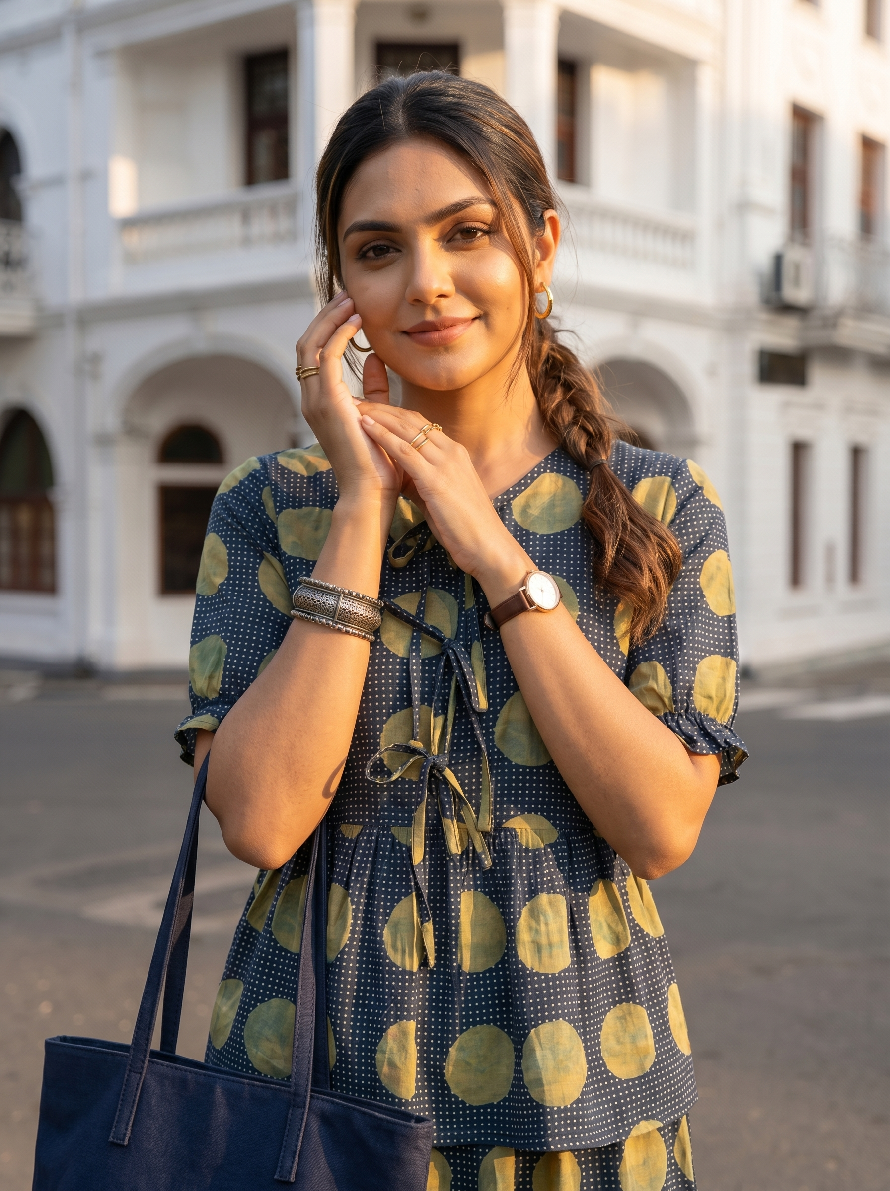 Nayra ( Navy Blue ) - Polka printed handloom cotton skirt set in Navy Blue