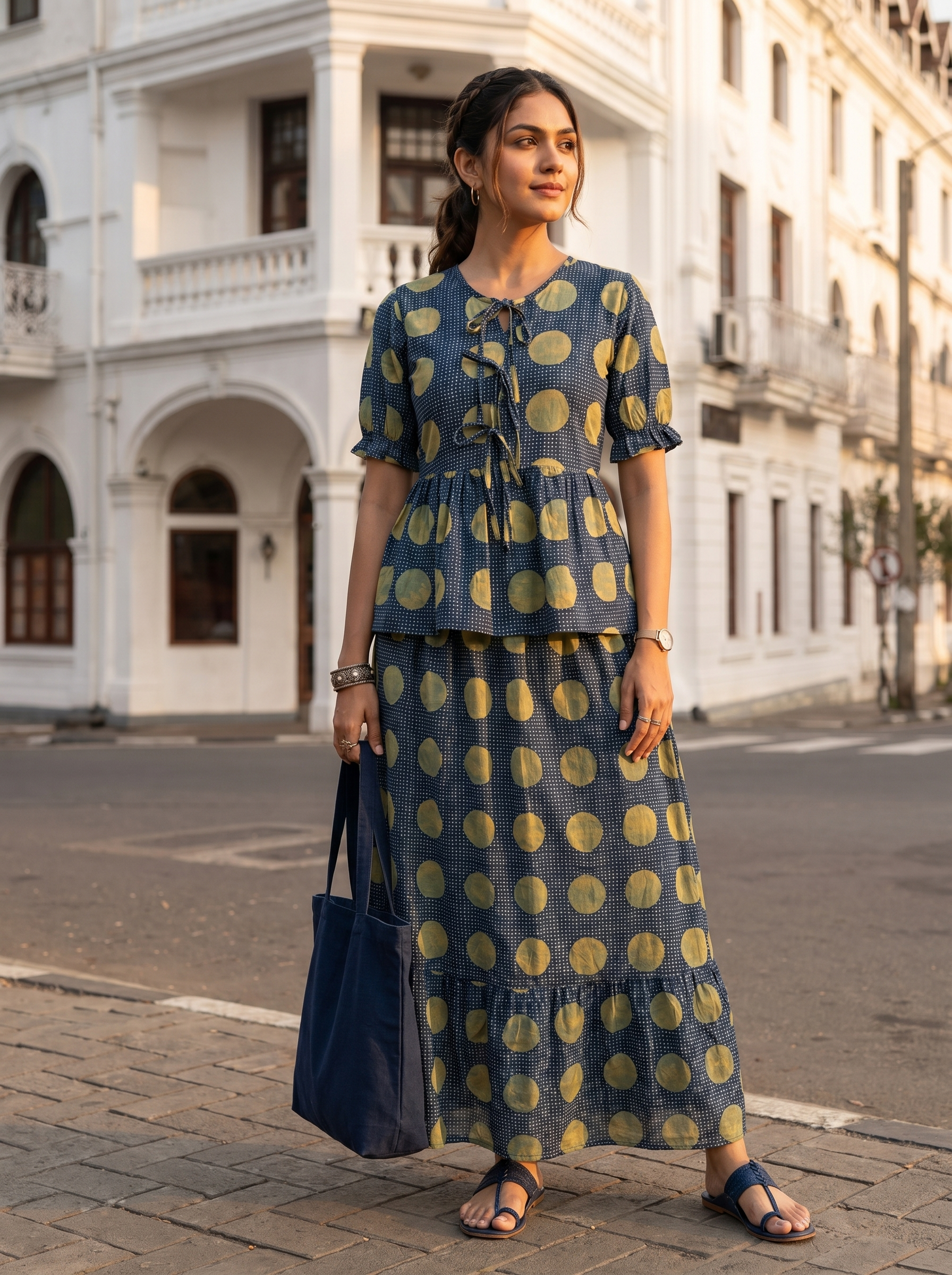 Nayra ( Navy Blue ) - Polka printed handloom cotton skirt set in Navy Blue