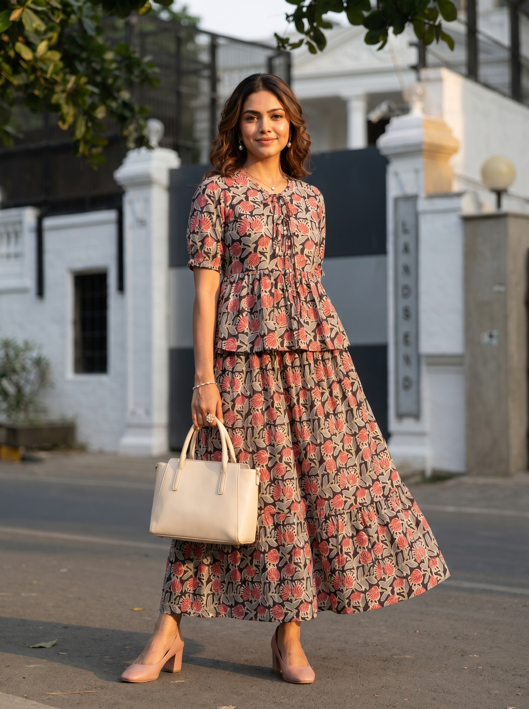 Aarohi ( Peach ) - Floral printed handloom cotton skirt set in Peach