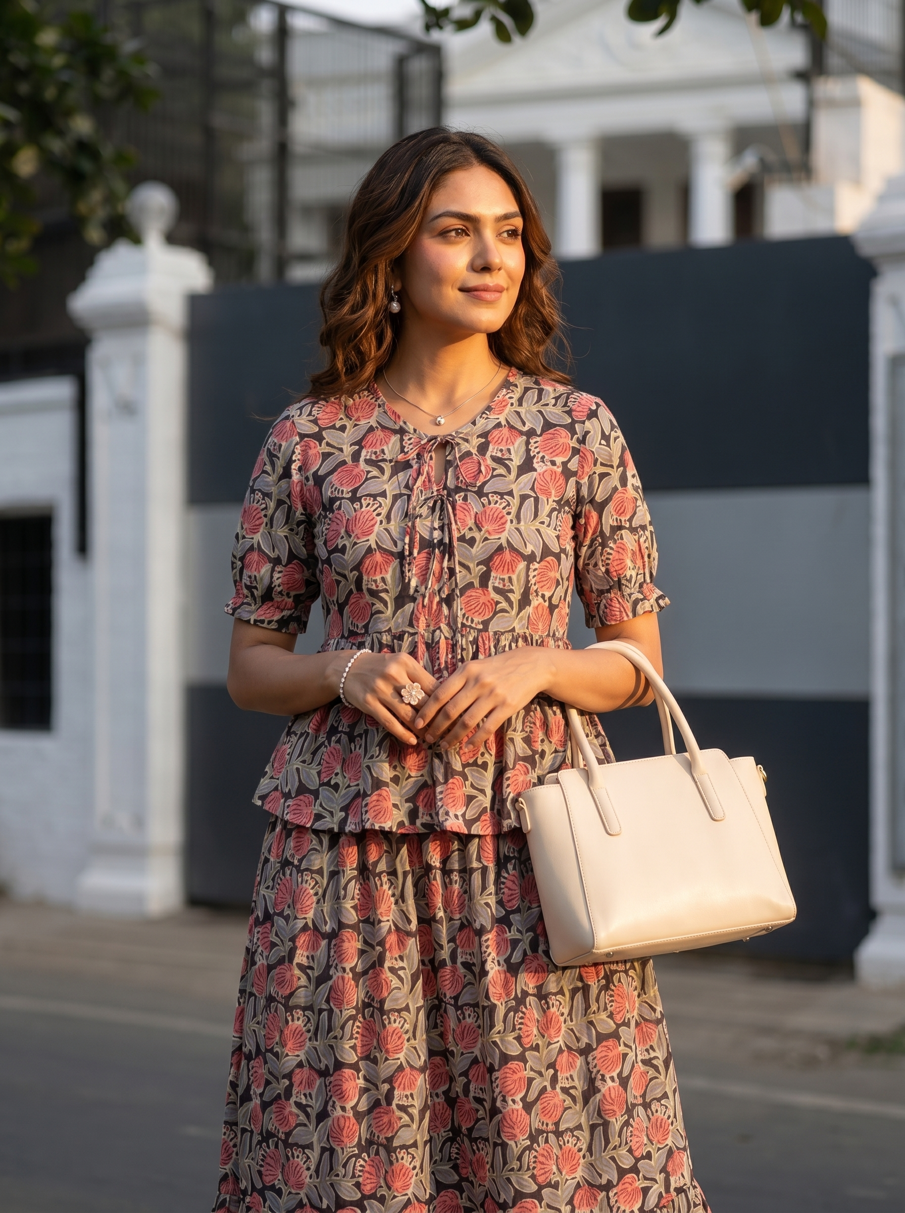 Aarohi ( Peach ) - Floral printed handloom cotton skirt set in Peach