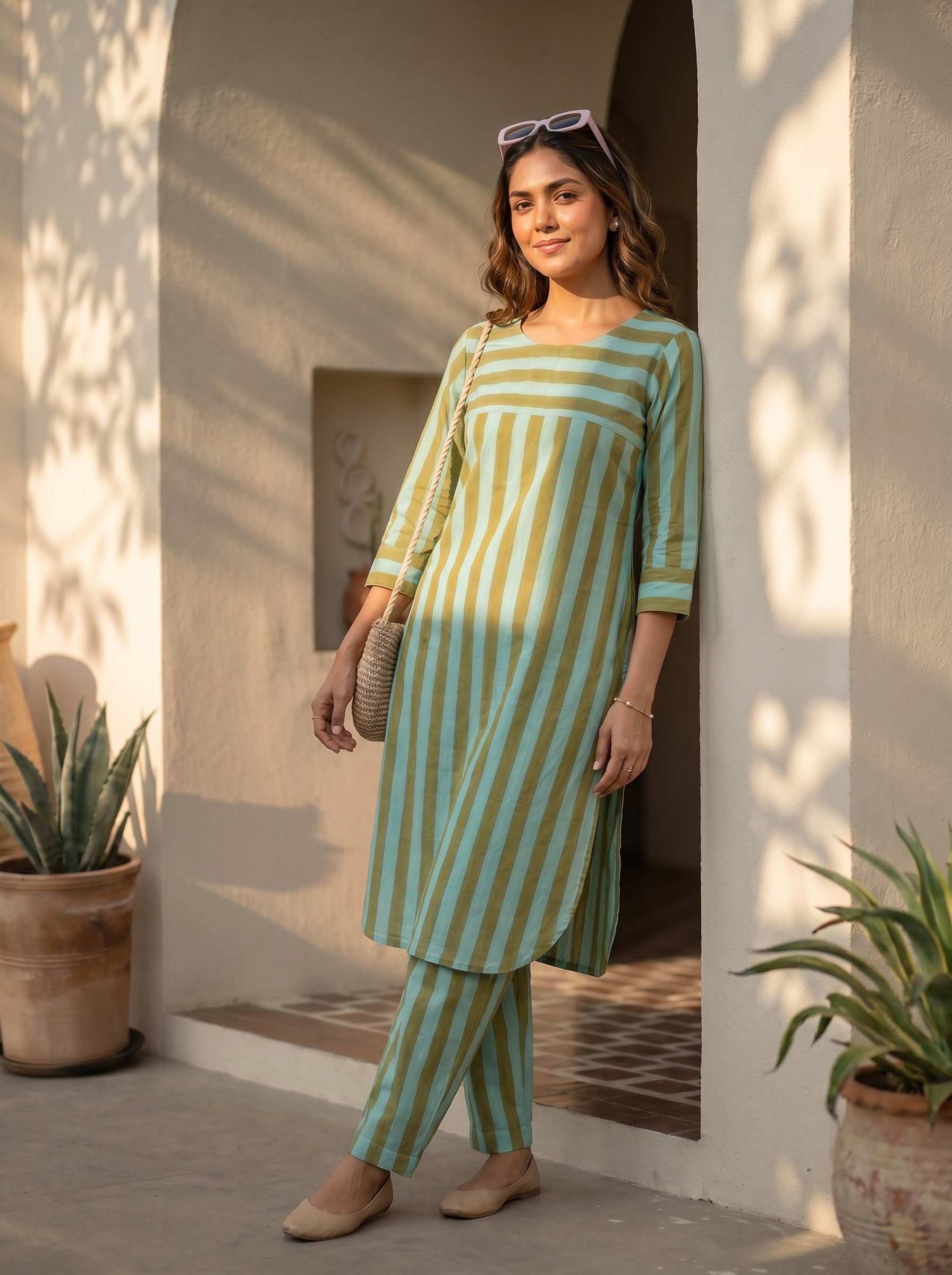 Aarini Co-ord Set – Striped handloom cotton Co-ord Set in Mint Green