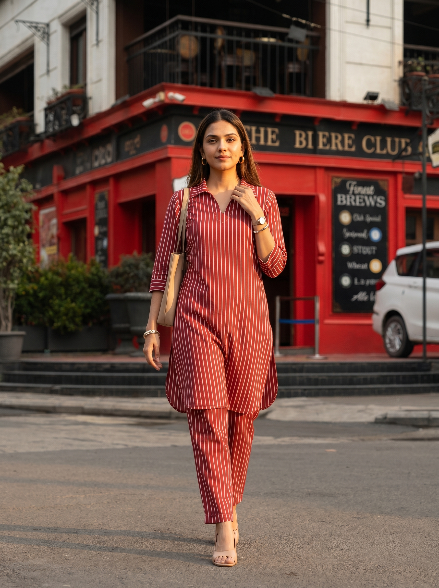 RubyStride Co-Ord Set - striped handloom cotton coord set in red