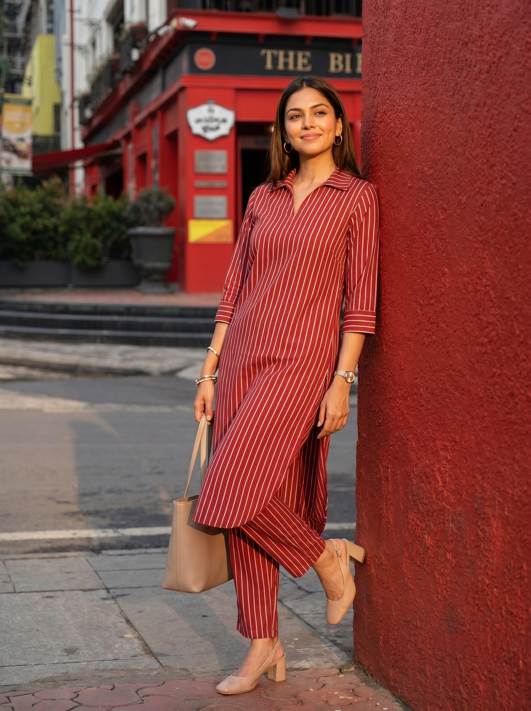 RubyStride Co-Ord Set - striped handloom cotton coord set in red