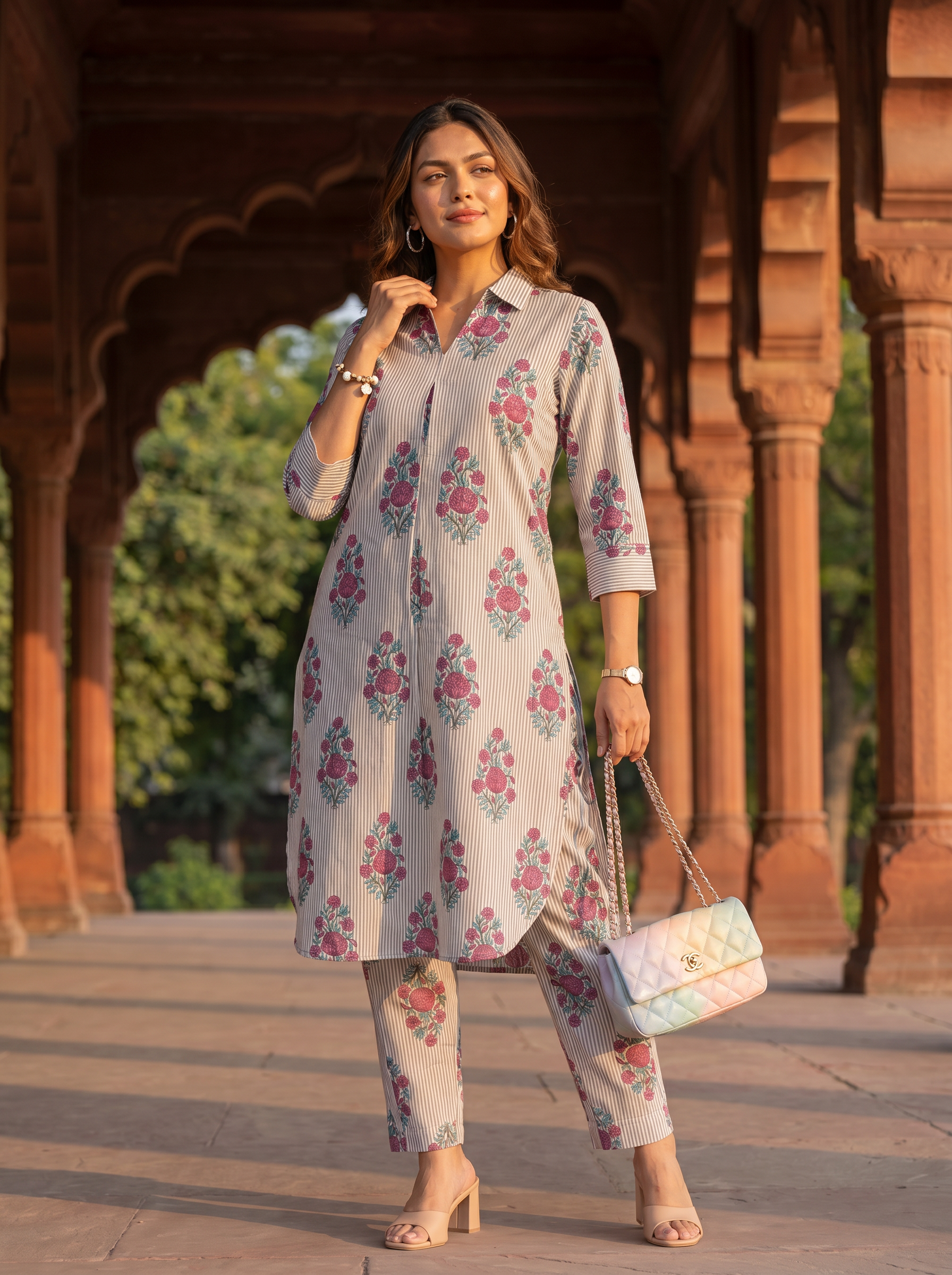 Vanya Co-ord Set – Floral pattern handloom cotton Co-ord Set in Grey