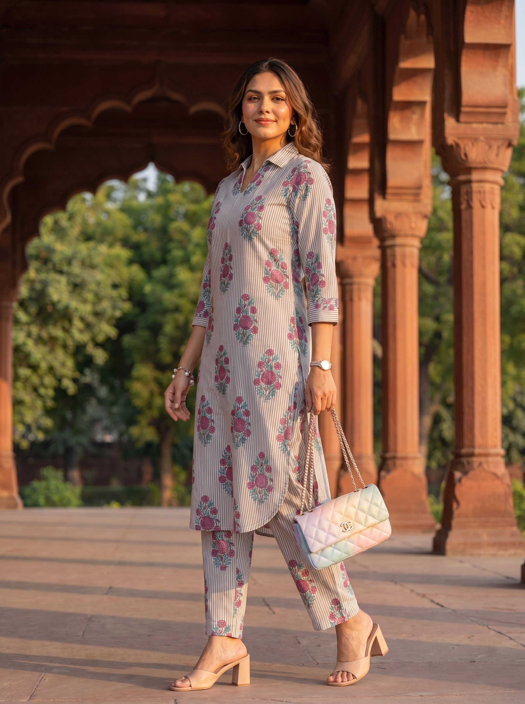 Vanya Co-ord Set – Floral pattern handloom cotton Co-ord Set in Grey