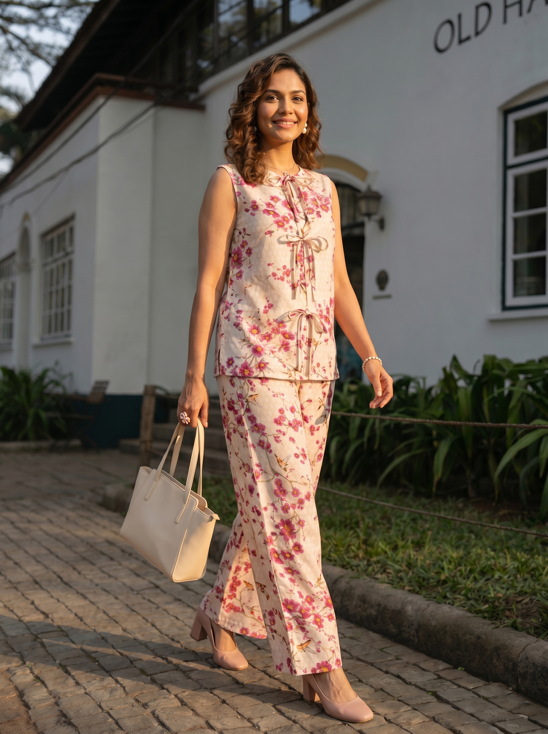 Blossoma Co-ord Set – Floral Printed cotton Co-ord Set in Ivory Pink