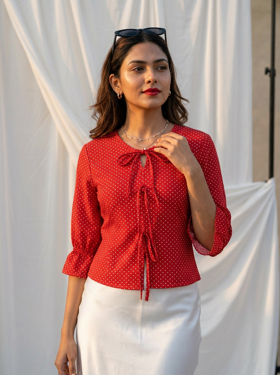 Crop top #116- Dotted pattern organic cotton top in Bright Red