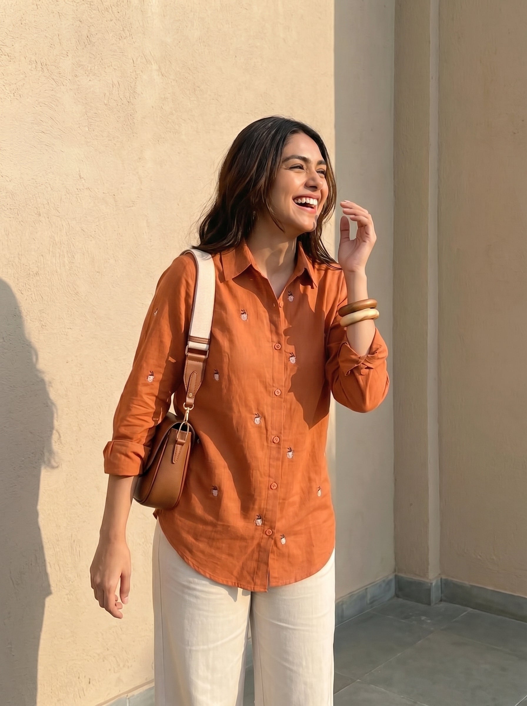 Embroidery shirt 9- coffee embroidered organic cotton shirt in orange