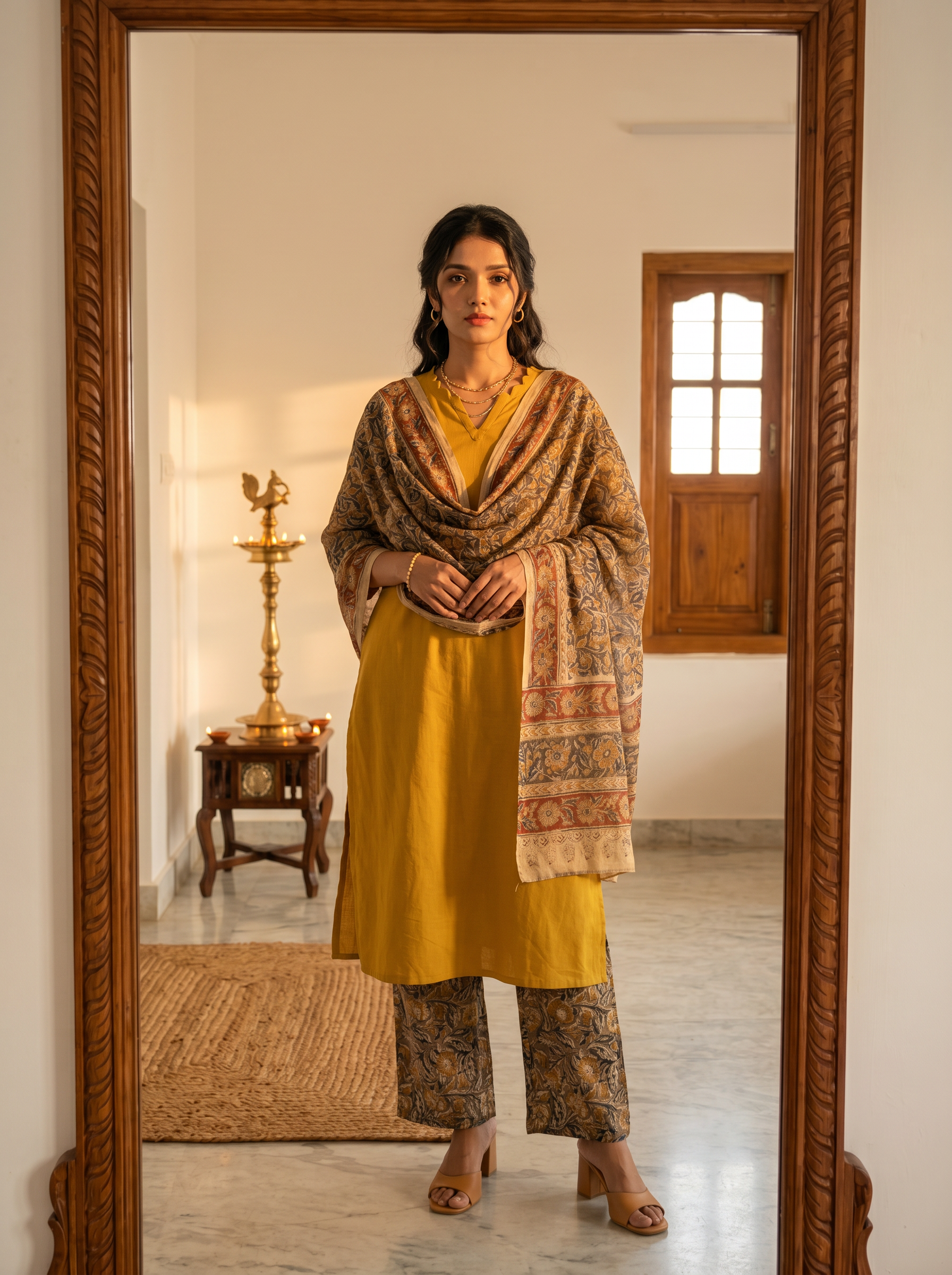Meera ( Mustard ) - handloom cotton kalamkari suit set in Mustard Yellow