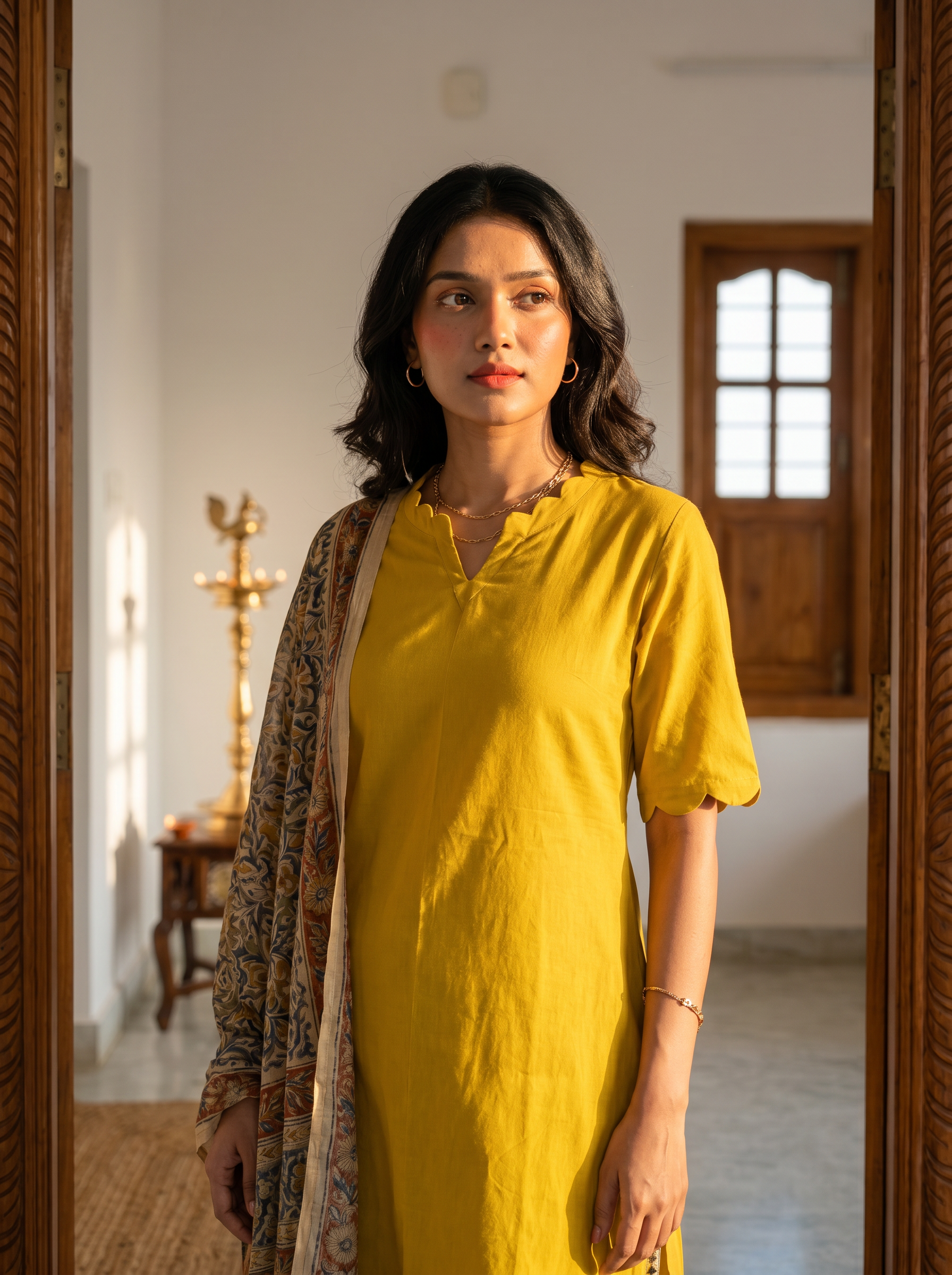 Meera ( Mustard ) - handloom cotton kalamkari suit set in Mustard Yellow