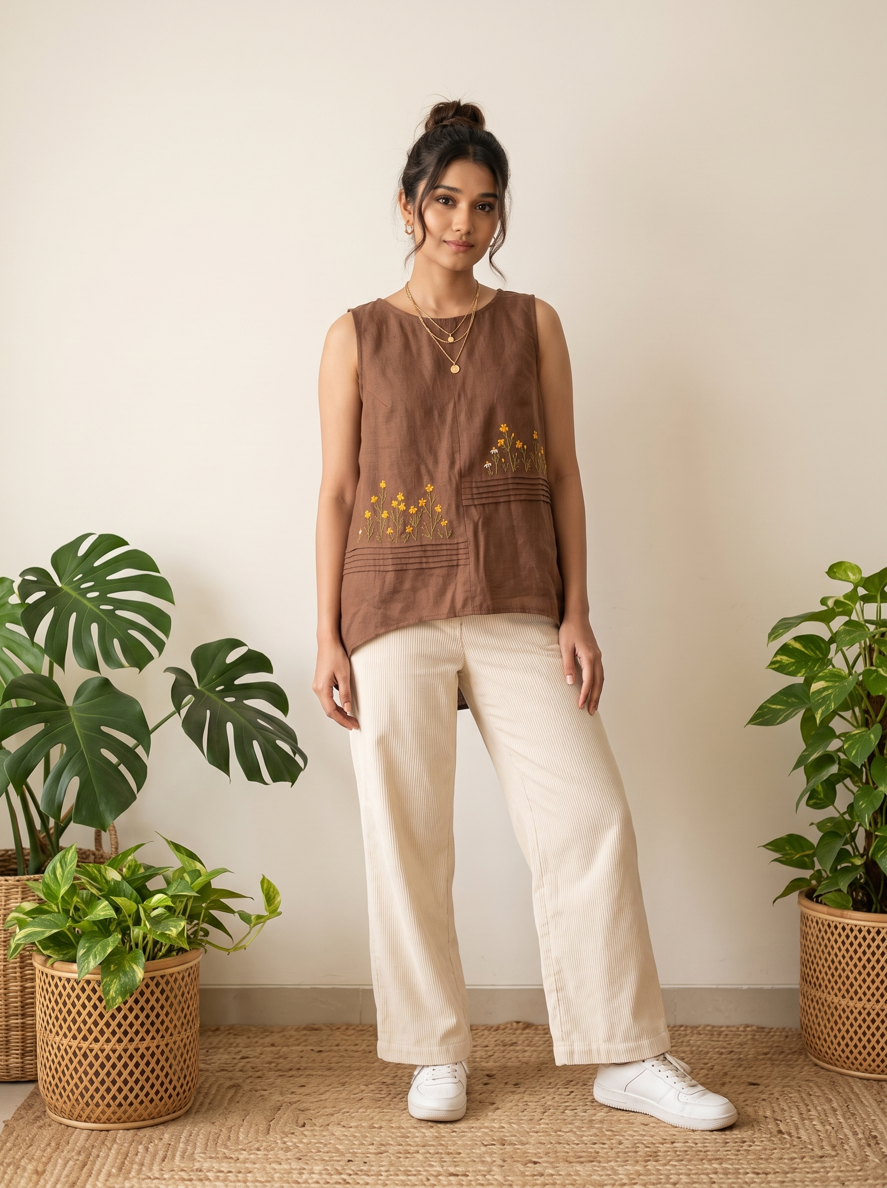 Crop Top #127 – Handloom Organic Cotton Top with Floral Embroidery in Cocoa Brown
