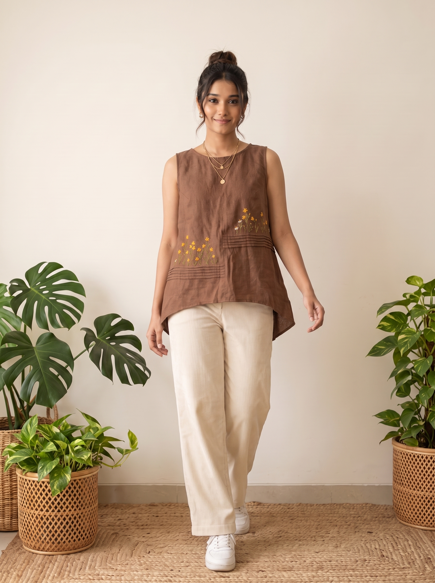 Crop Top #127 – Handloom Organic Cotton Top with Floral Embroidery in Cocoa Brown