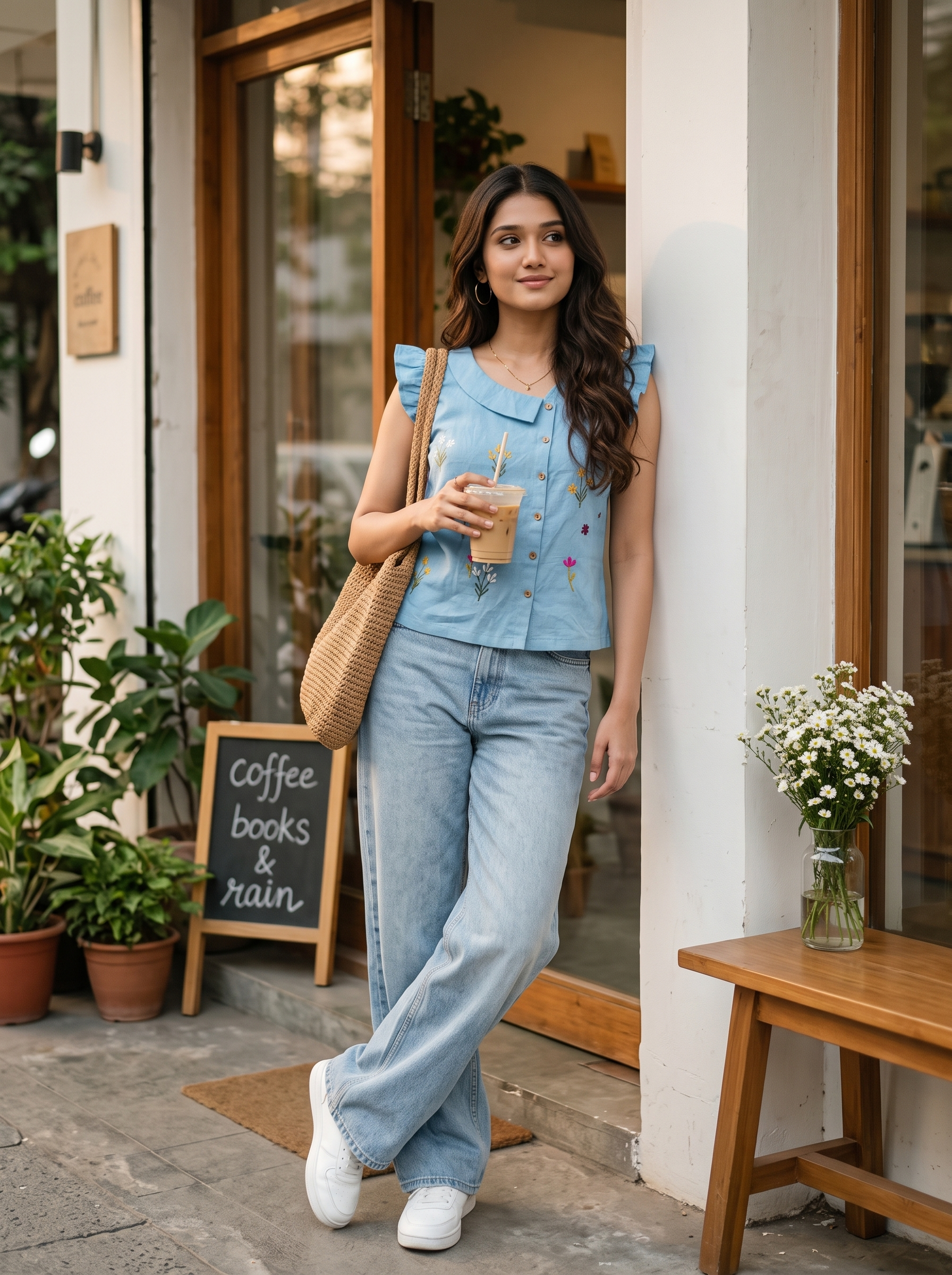 Crop Top #126 – Handloom Organic Cotton Top with Floral Embroidery in Sky Blue