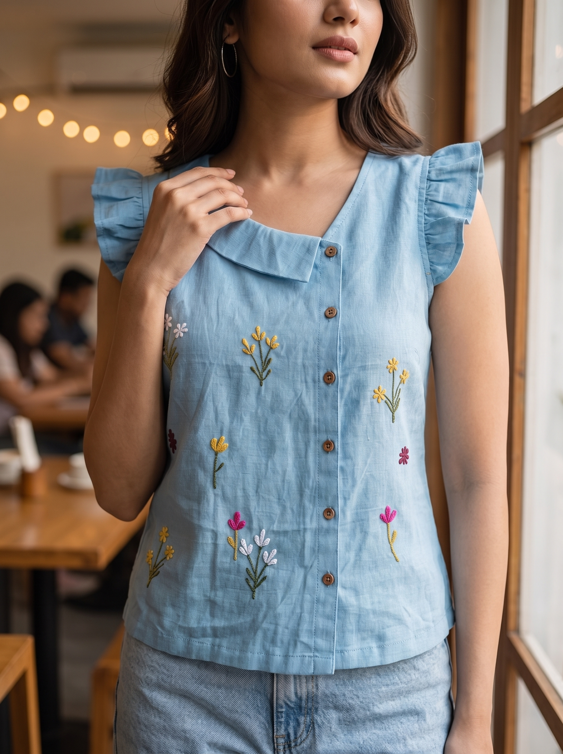 Crop Top #126 – Handloom Organic Cotton Top with Floral Embroidery in Sky Blue