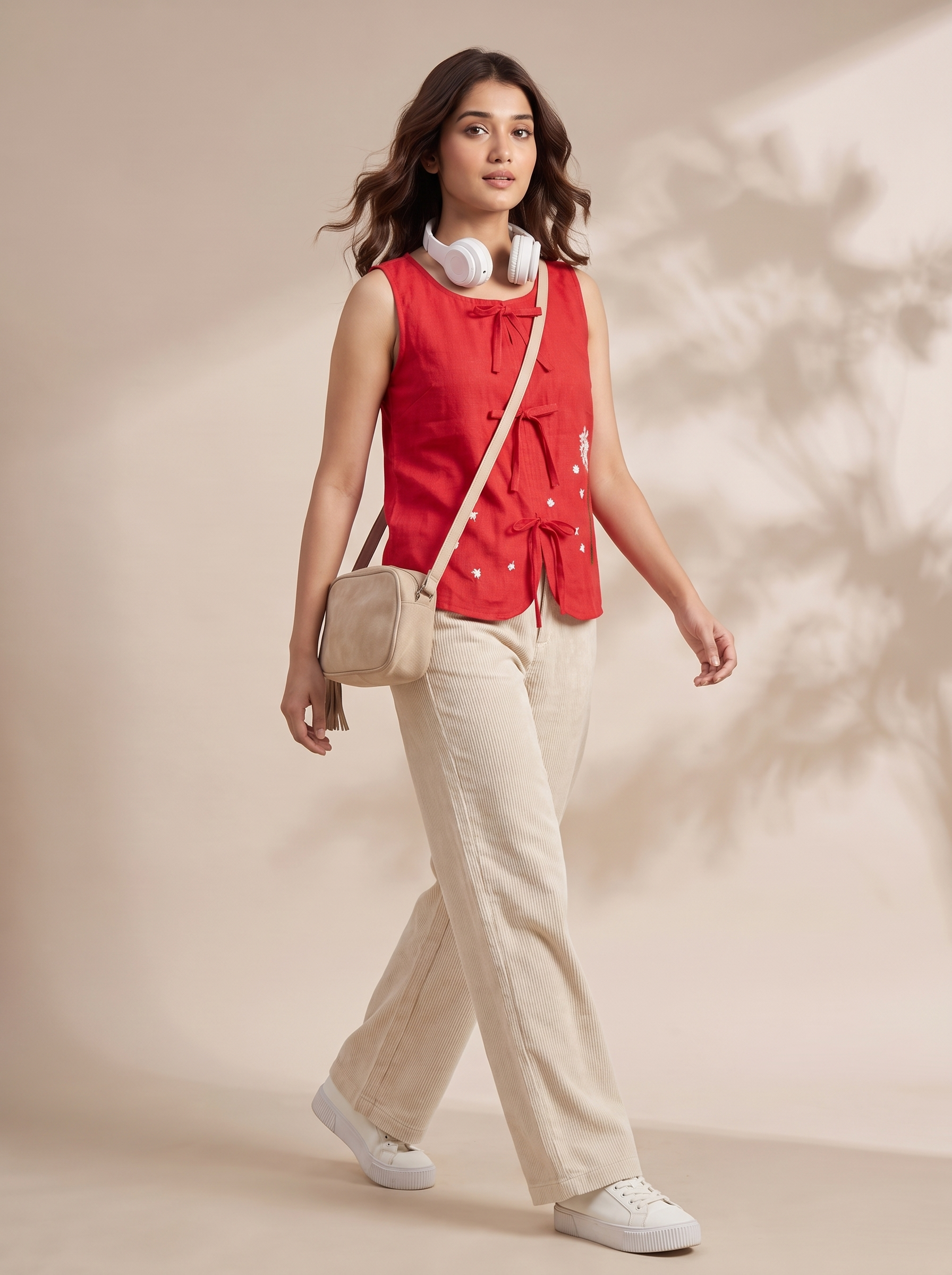 Crop Top #125 – Handloom Organic Cotton Top with Floral Embroidery in Coral Red