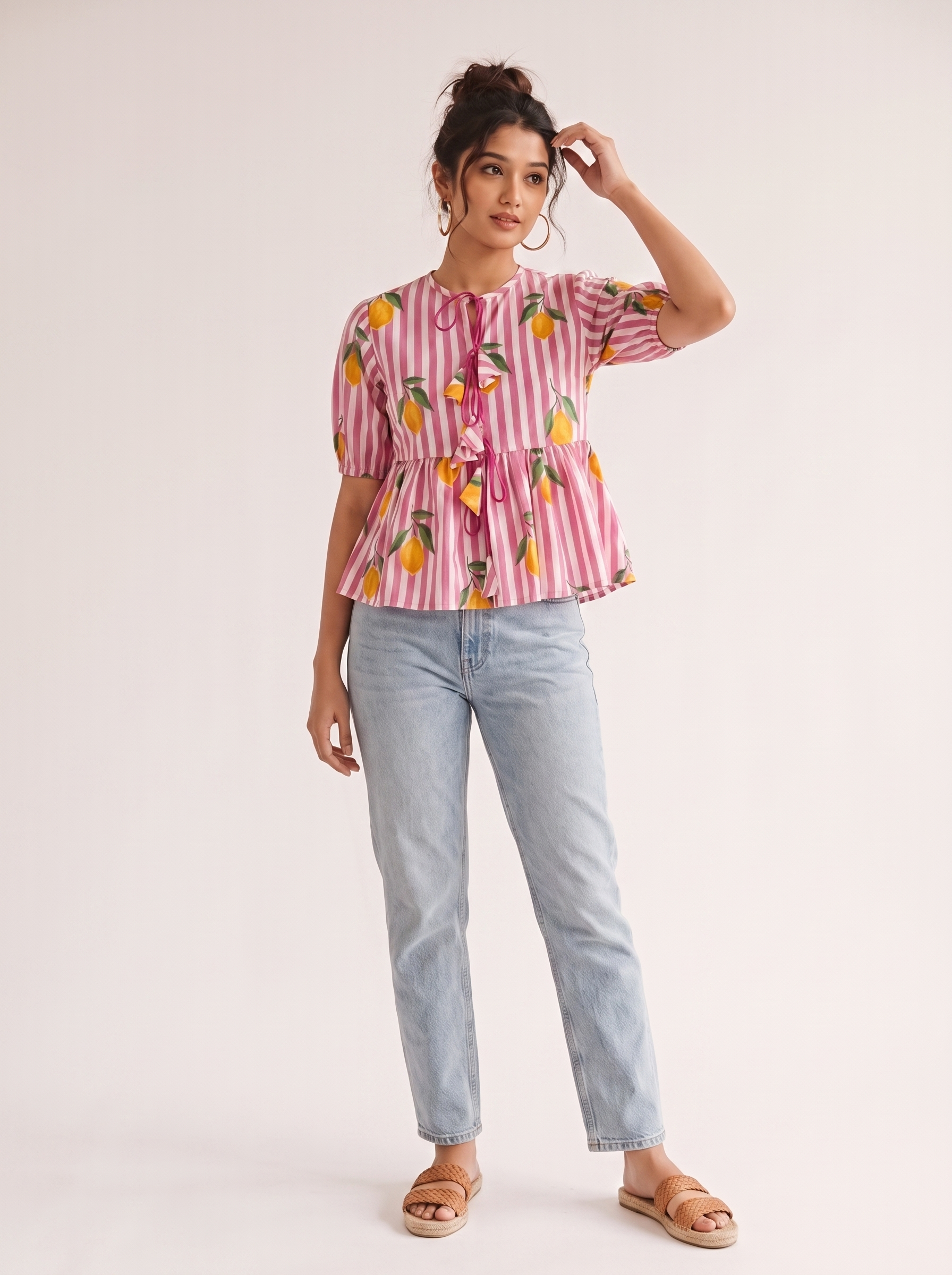 Crop Top #128 – Handloom Organic Cotton Top with Lemon Print & Pink Stripes