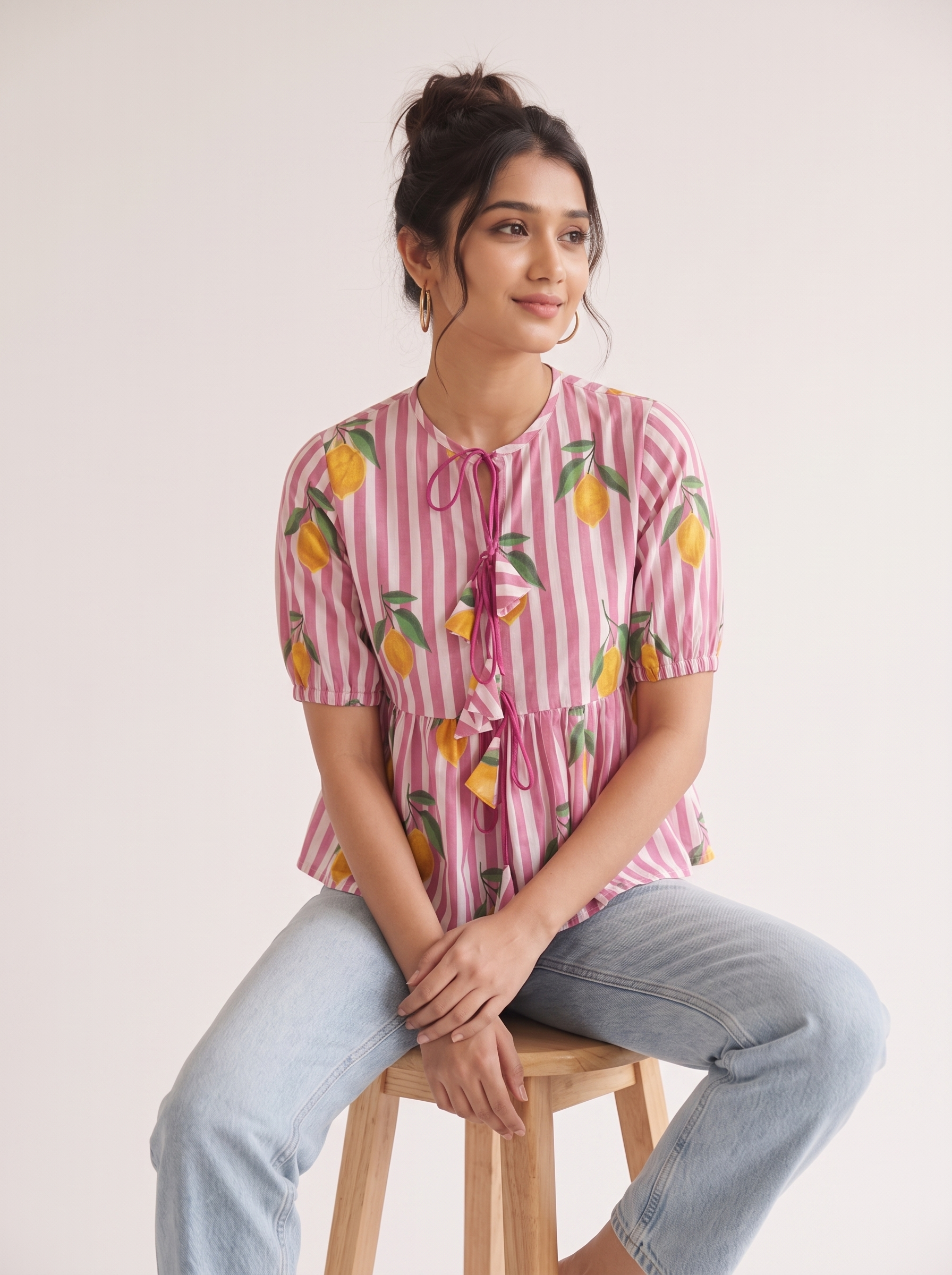 Crop Top #128 – Handloom Organic Cotton Top with Lemon Print & Pink Stripes