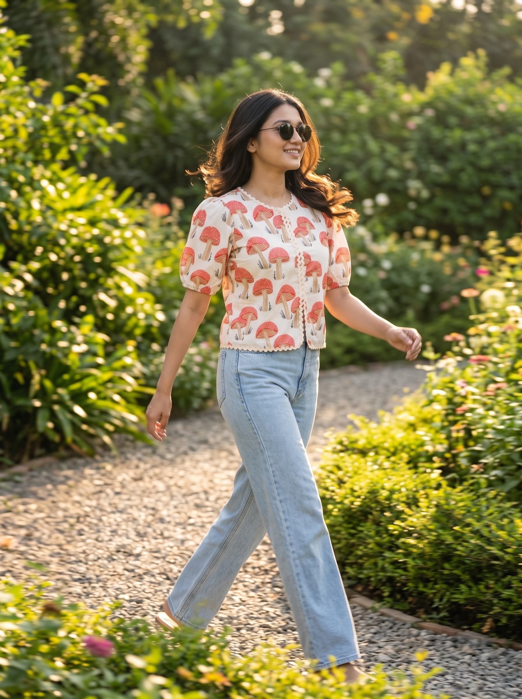 Crop Top #129 – Handloom Organic Cotton Top with Mushroom Print in Ivory White